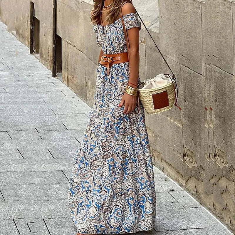 Sleeve Bohemian Elegant Chic Off Shoulder Spring Summer Maxi Casual Pleated Floral Short Dress