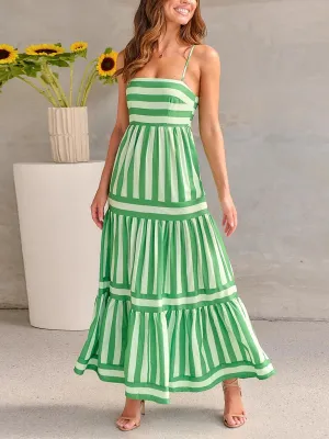 Spaghetti Strap Slip Long Dress Sexy Sleeveless Square Neck Striped Print Tiered Midi Casual Women Dress