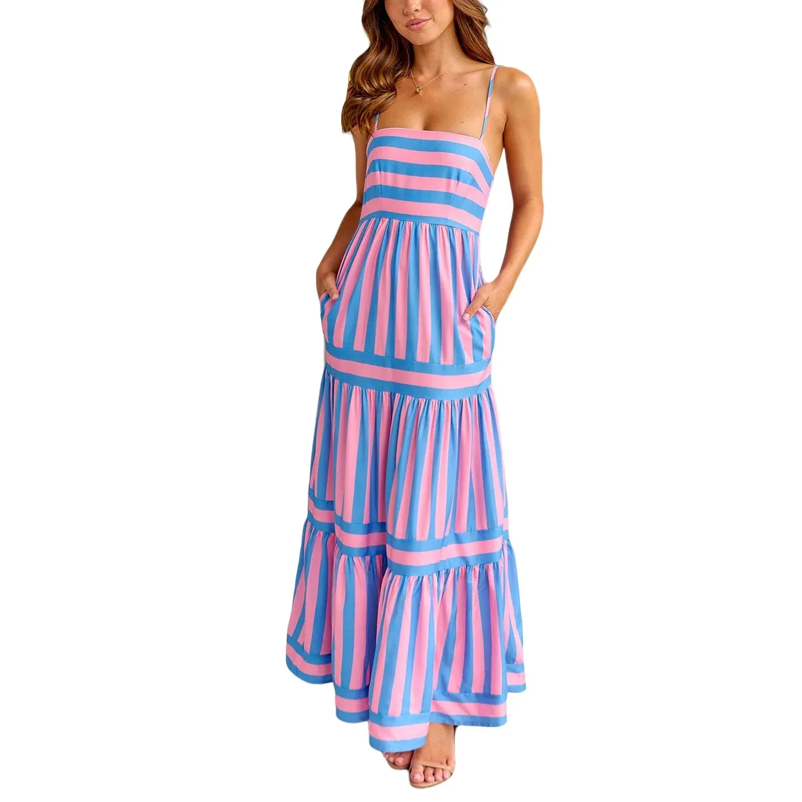 Spaghetti Strap Slip Long Dress Sexy Sleeveless Square Neck Striped Print Tiered Midi Casual Women Dress