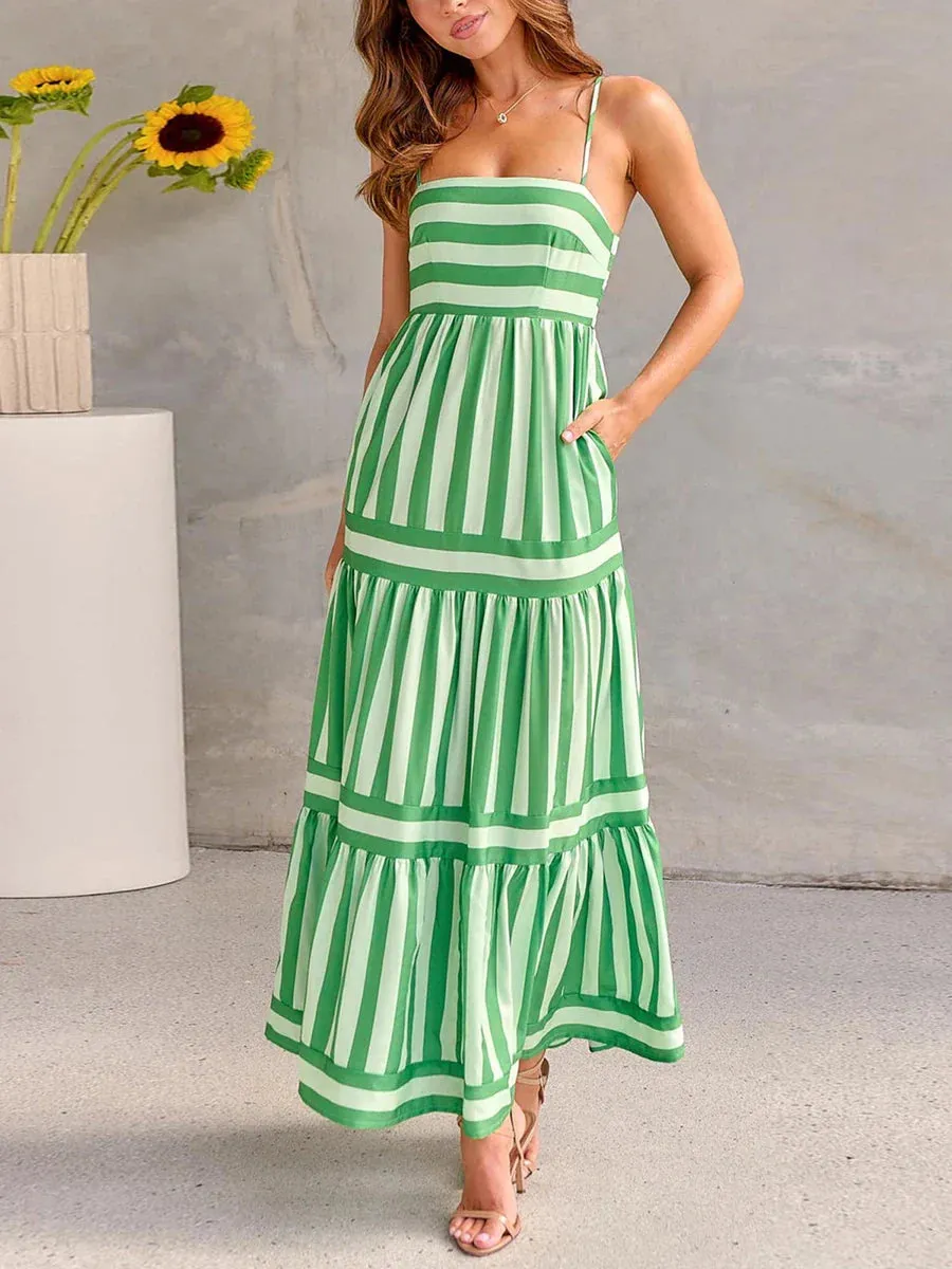 Spaghetti Strap Slip Long Dress Sexy Sleeveless Square Neck Striped Print Tiered Midi Casual Women Dress