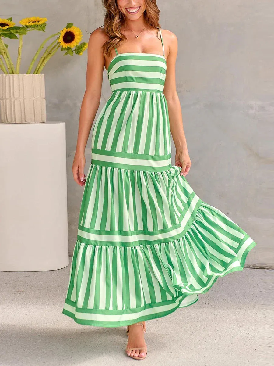 Spaghetti Strap Slip Long Dress Sexy Sleeveless Square Neck Striped Print Tiered Midi Casual Women Dress