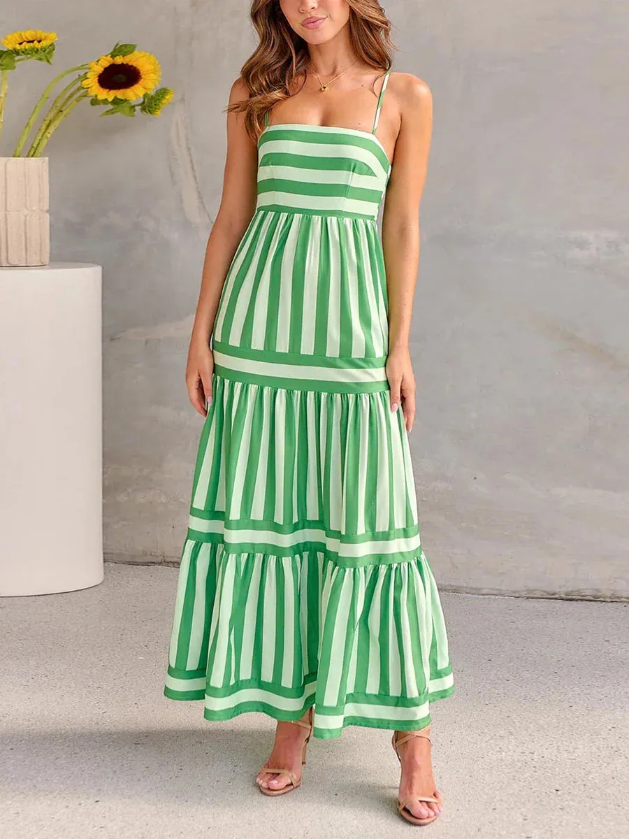 Spaghetti Strap Slip Long Dress Sexy Sleeveless Square Neck Striped Print Tiered Midi Casual Women Dress