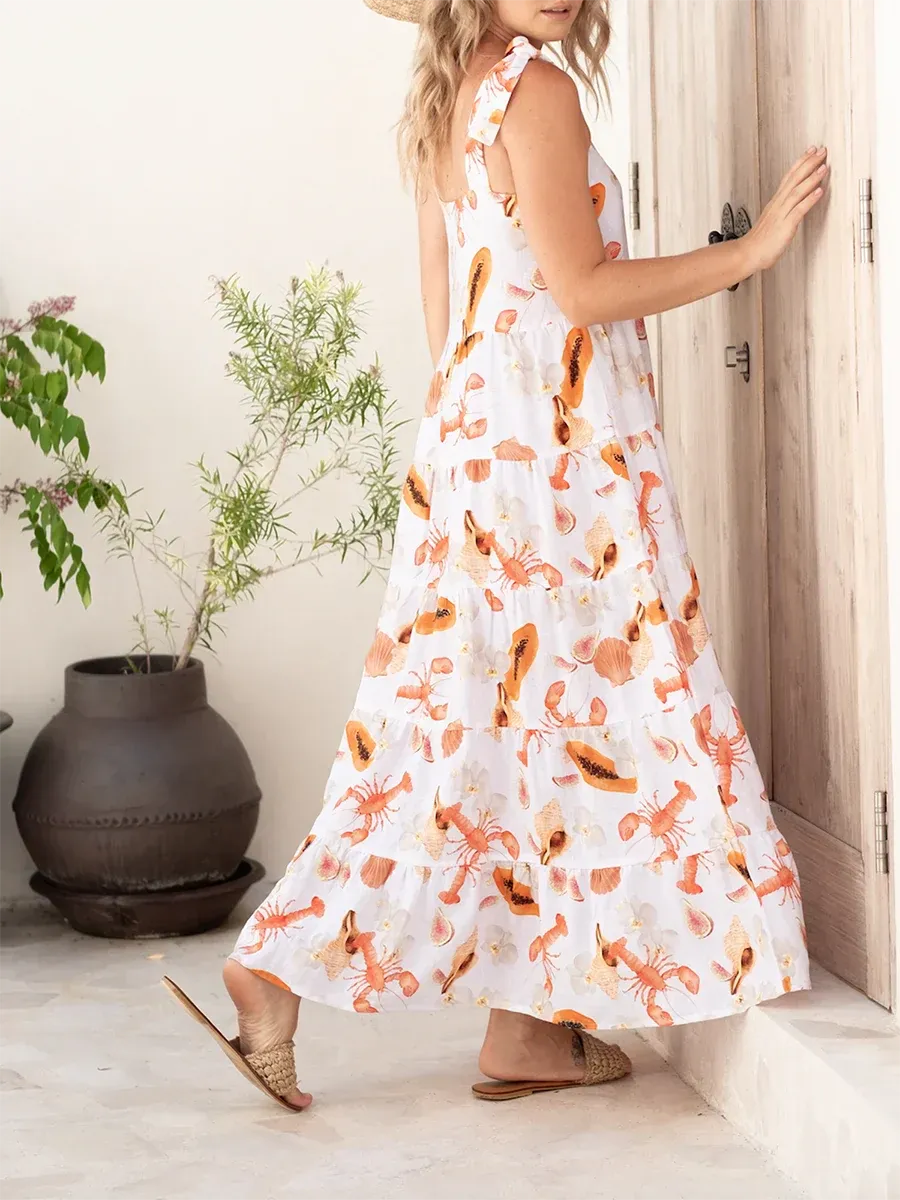 Square Neck Lobster Print Tiered Elegant Fashion 2024 Midi Slip Casual Sleeveless Dress