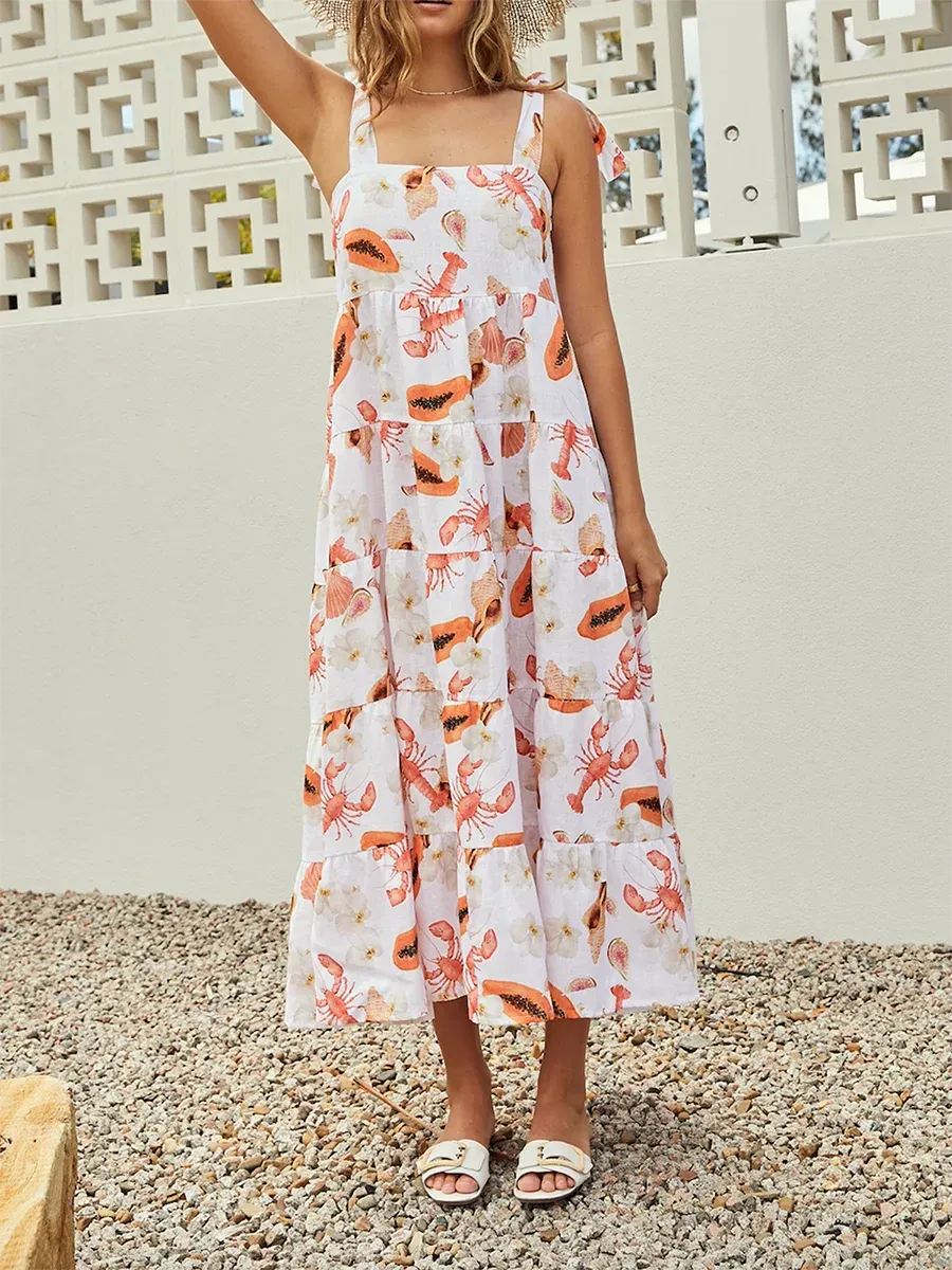 Square Neck Lobster Print Tiered Elegant Fashion 2024 Midi Slip Casual Sleeveless Dress