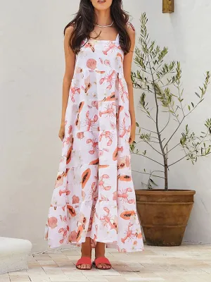 Square Neck Lobster Print Tiered Elegant Fashion 2024 Midi Slip Casual Sleeveless Dress