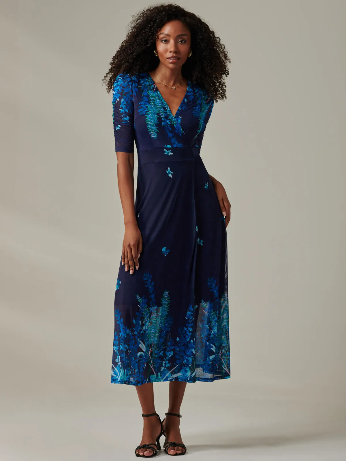 Stella Floral Print Wrap Mesh Maxi Dress, Navy Blue Multi