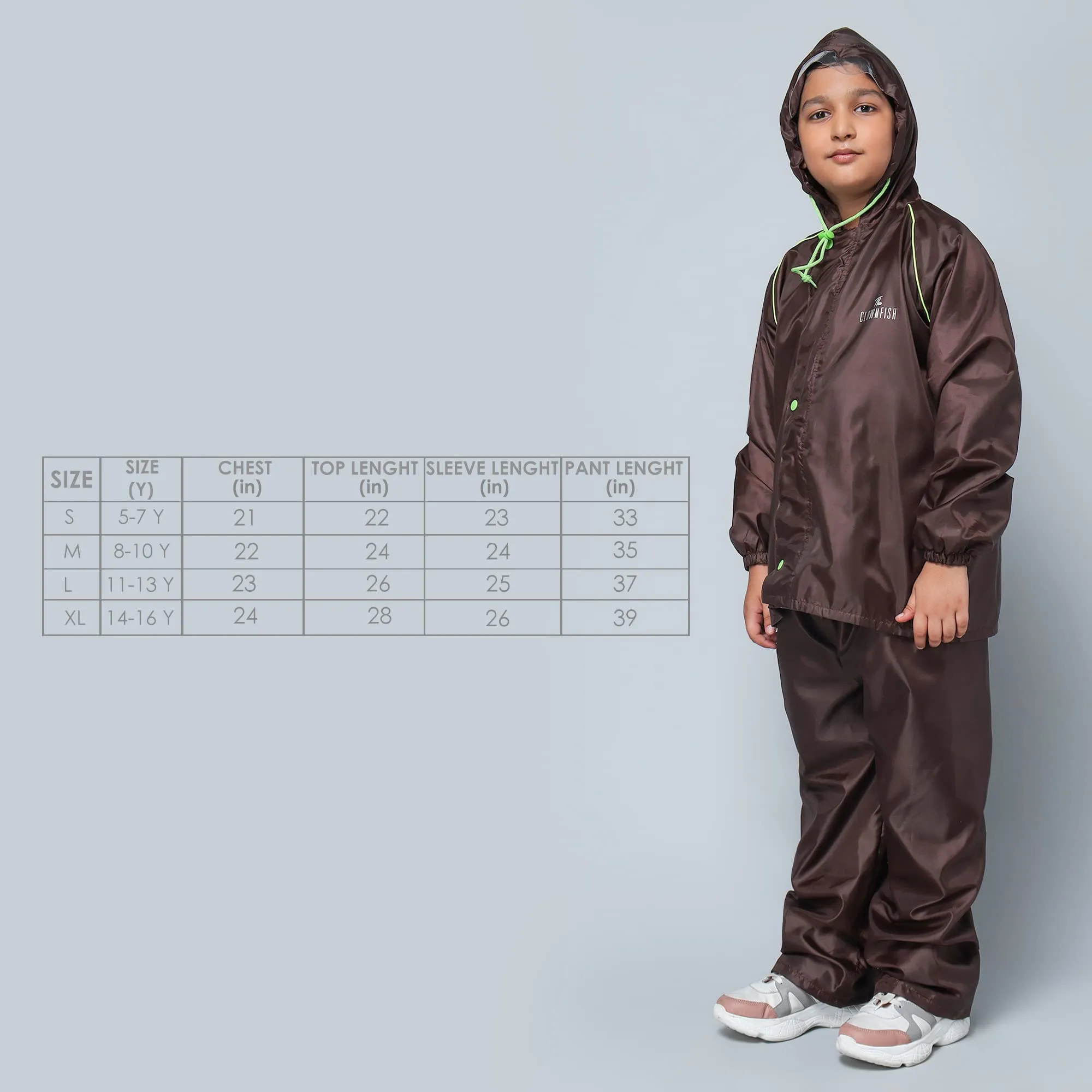 STRAUSS THE CLOWNFISH Duke Series Kid's Waterproof Polyester Double Coating Reversible Standard Length Raincoat With Hood & Reflector Logo At Back, Top & Bottom Printed Pouch, 11-13 Years (Brown)