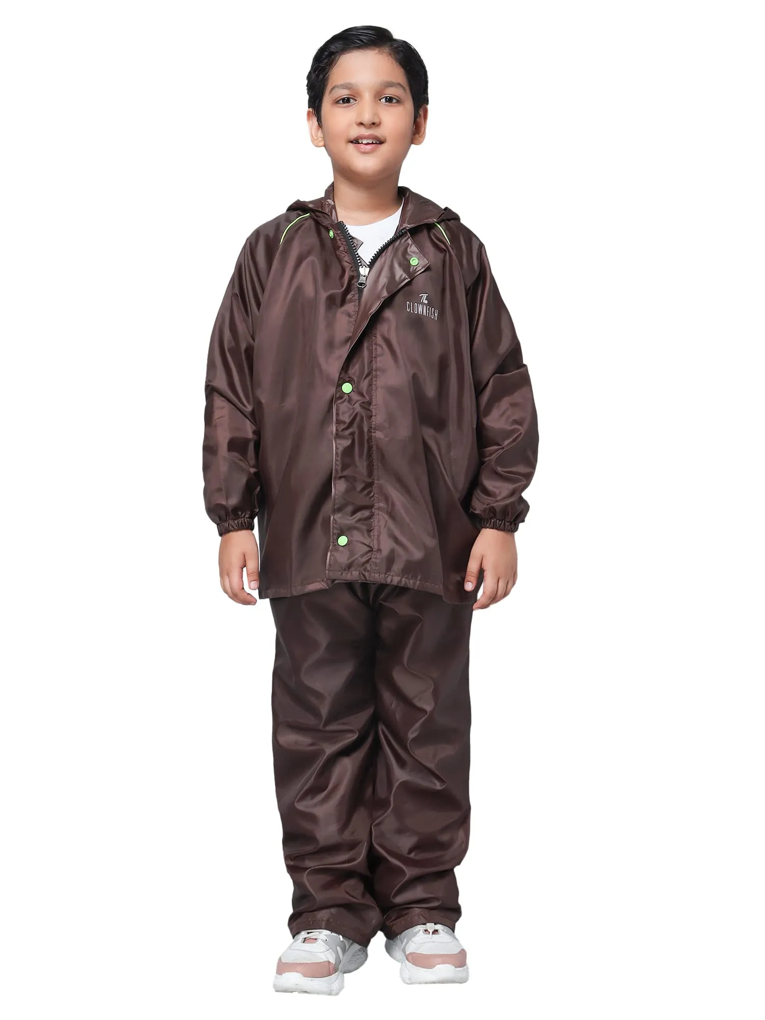 STRAUSS THE CLOWNFISH Duke Series Kid's Waterproof Polyester Double Coating Reversible Standard Length Raincoat With Hood & Reflector Logo At Back, Top & Bottom Printed Pouch, 11-13 Years (Brown)