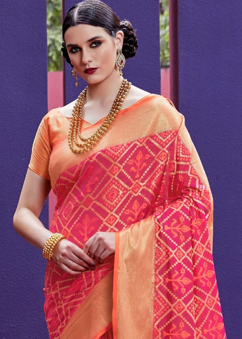 Strawberry Pink Woven Patola Silk Saree