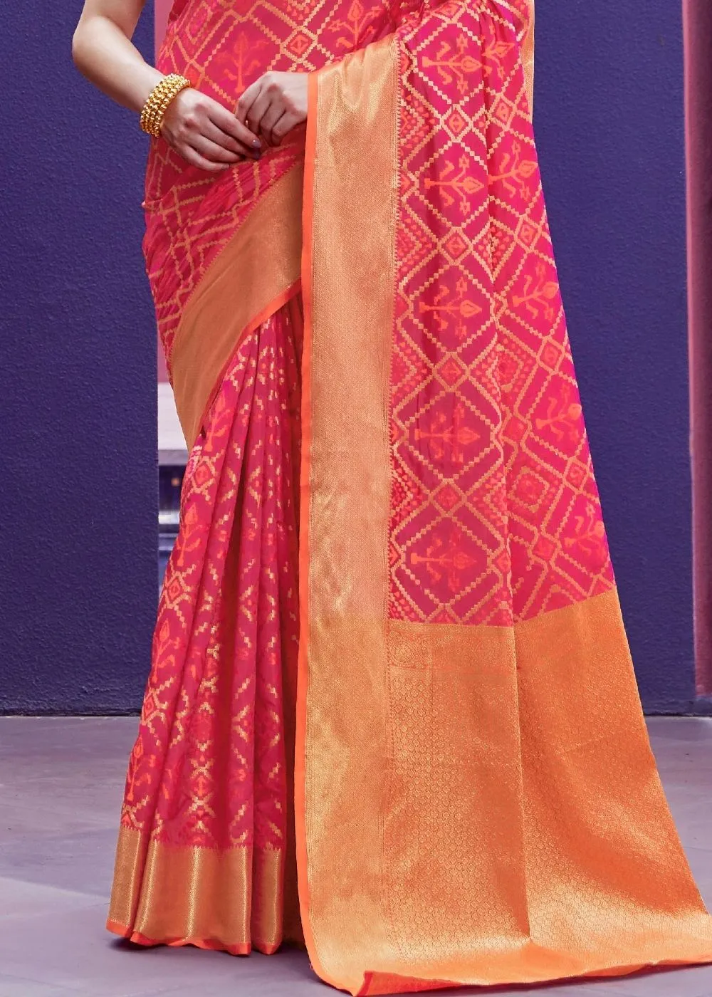 Strawberry Pink Woven Patola Silk Saree