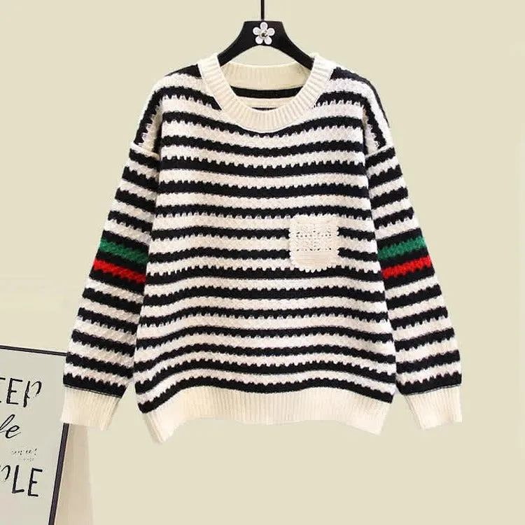 Striped Pocket Colorblock Knit Sweater Slip Dress Two Piece Set