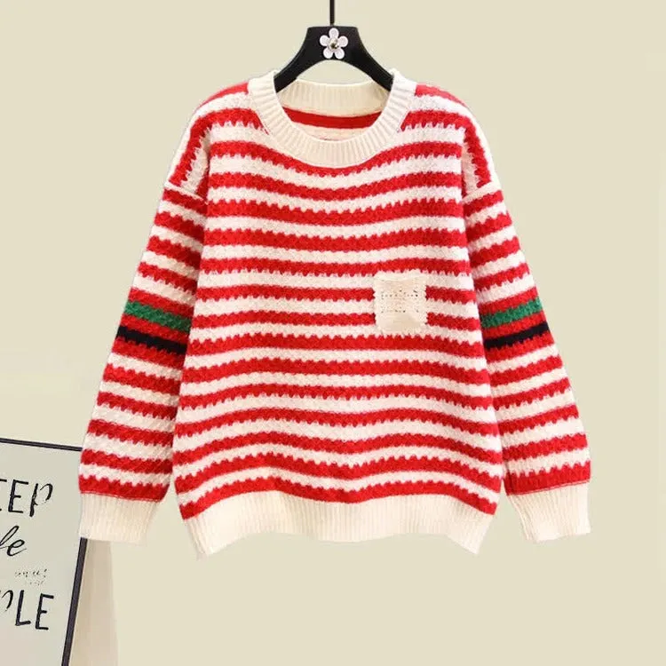 Striped Pocket Colorblock Knit Sweater Slip Dress Two Piece Set