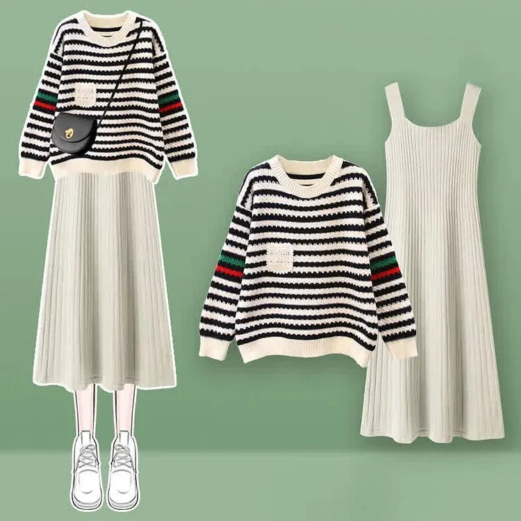 Striped Pocket Colorblock Knit Sweater Slip Dress Two Piece Set