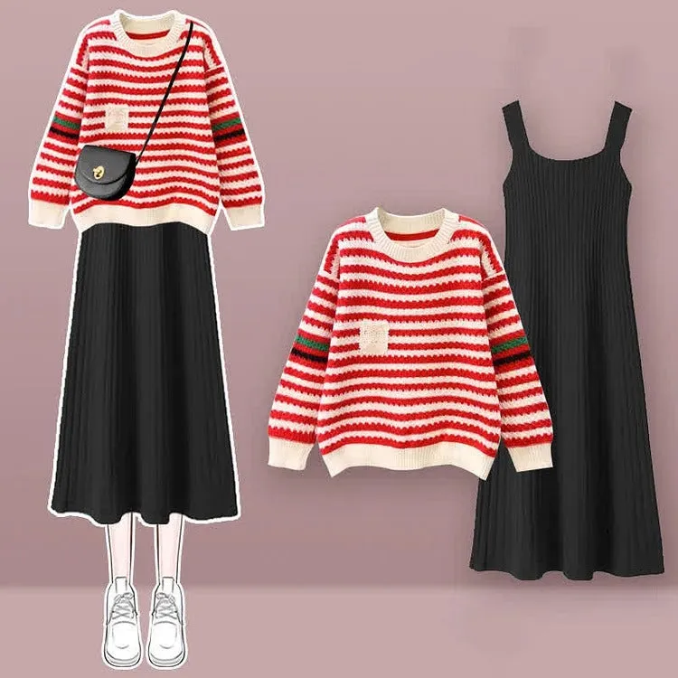 Striped Pocket Colorblock Knit Sweater Slip Dress Two Piece Set