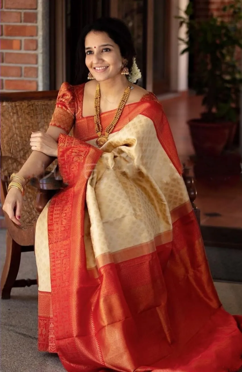 Surpassing catching Beige Soft Banarasi Silk Saree With Glowing Blouse Piece