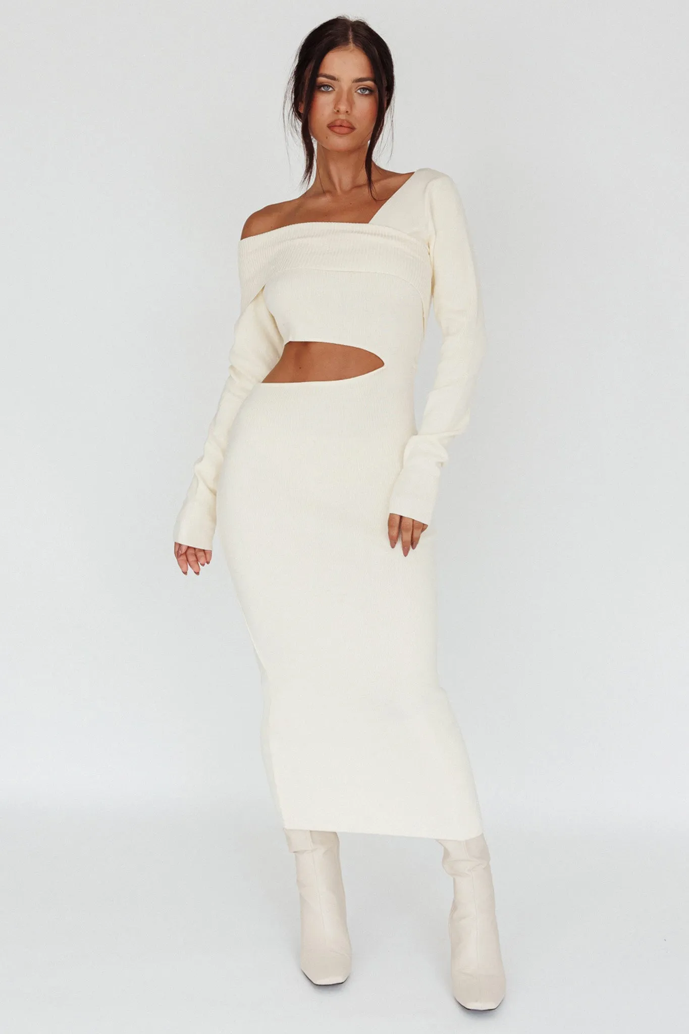 Tamar Long Sleeve One-Shoulder Midi Dress Cream