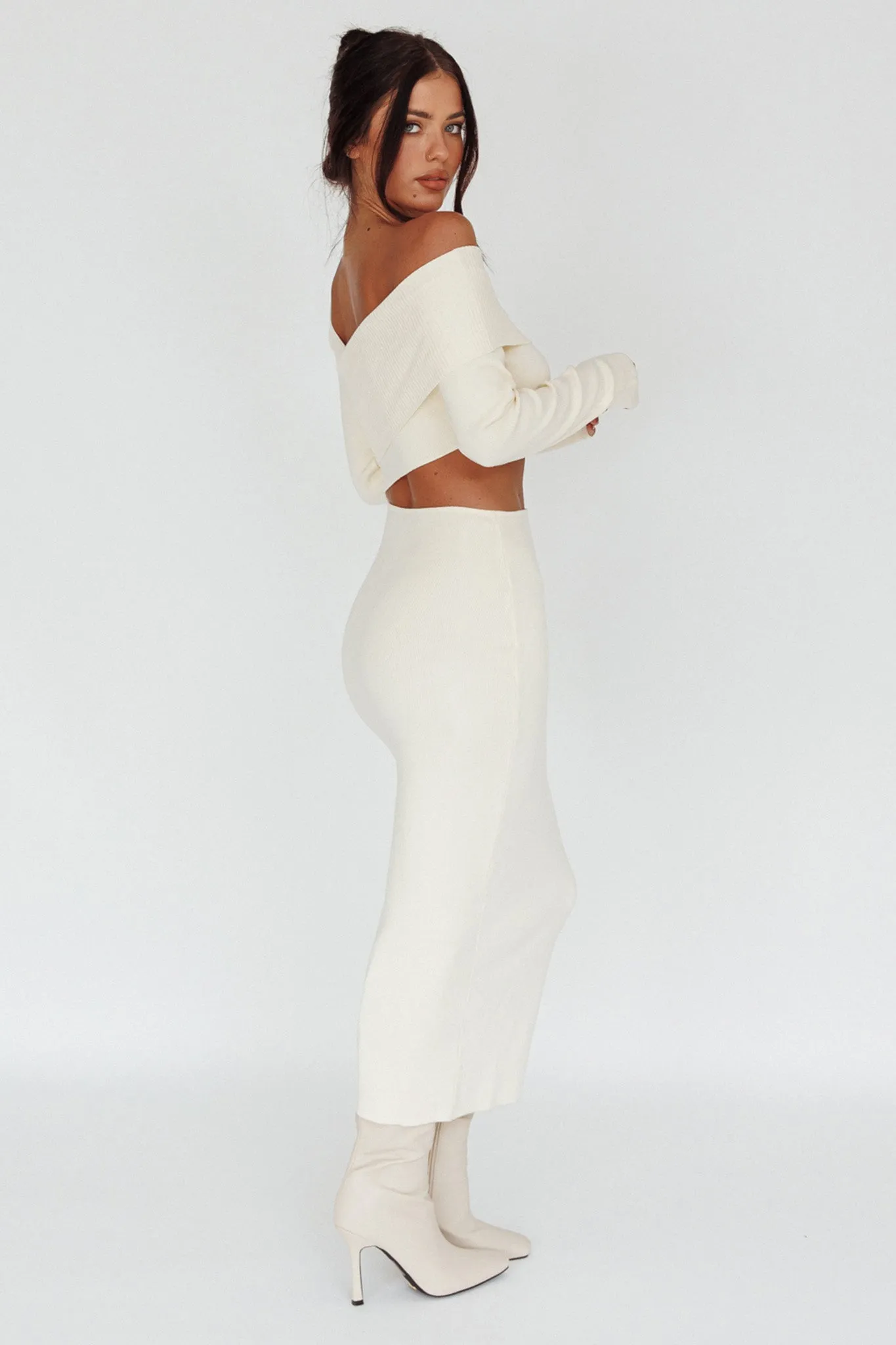 Tamar Long Sleeve One-Shoulder Midi Dress Cream