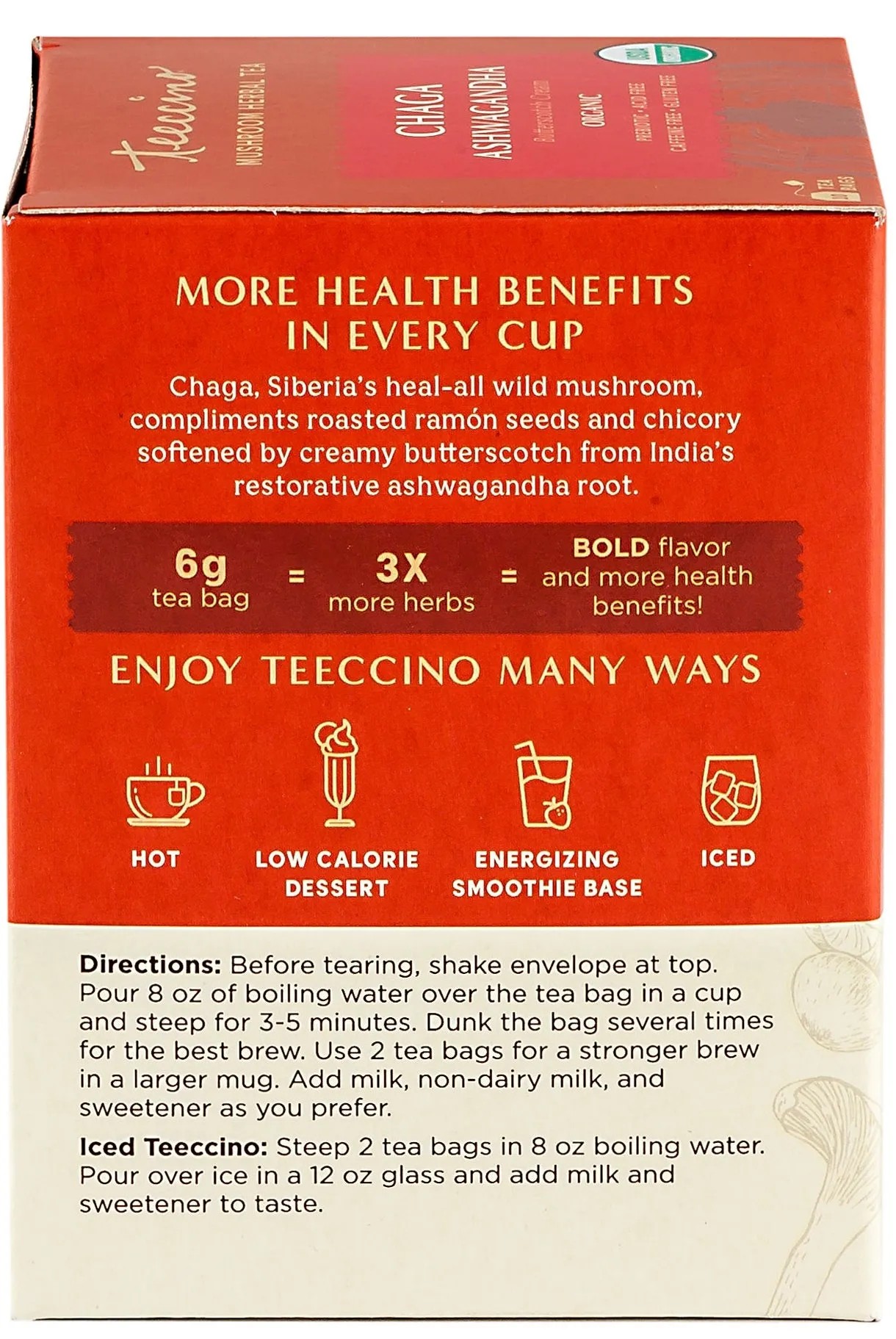 Teeccino Mushroom Herbal Tea Chaga Ashwagandha 10ct