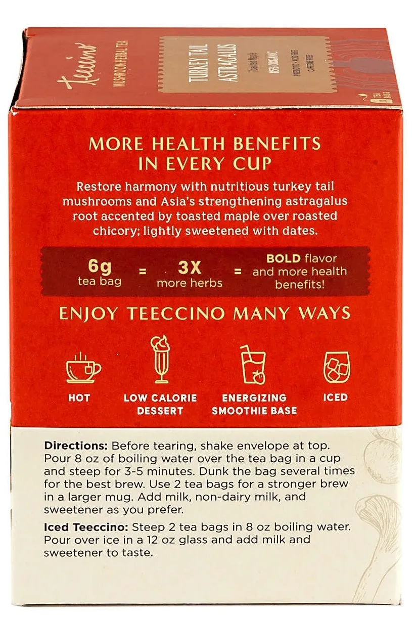 Teeccino Mushroom Herbal Tea Turkey Tail Astragalus Organic 10ct