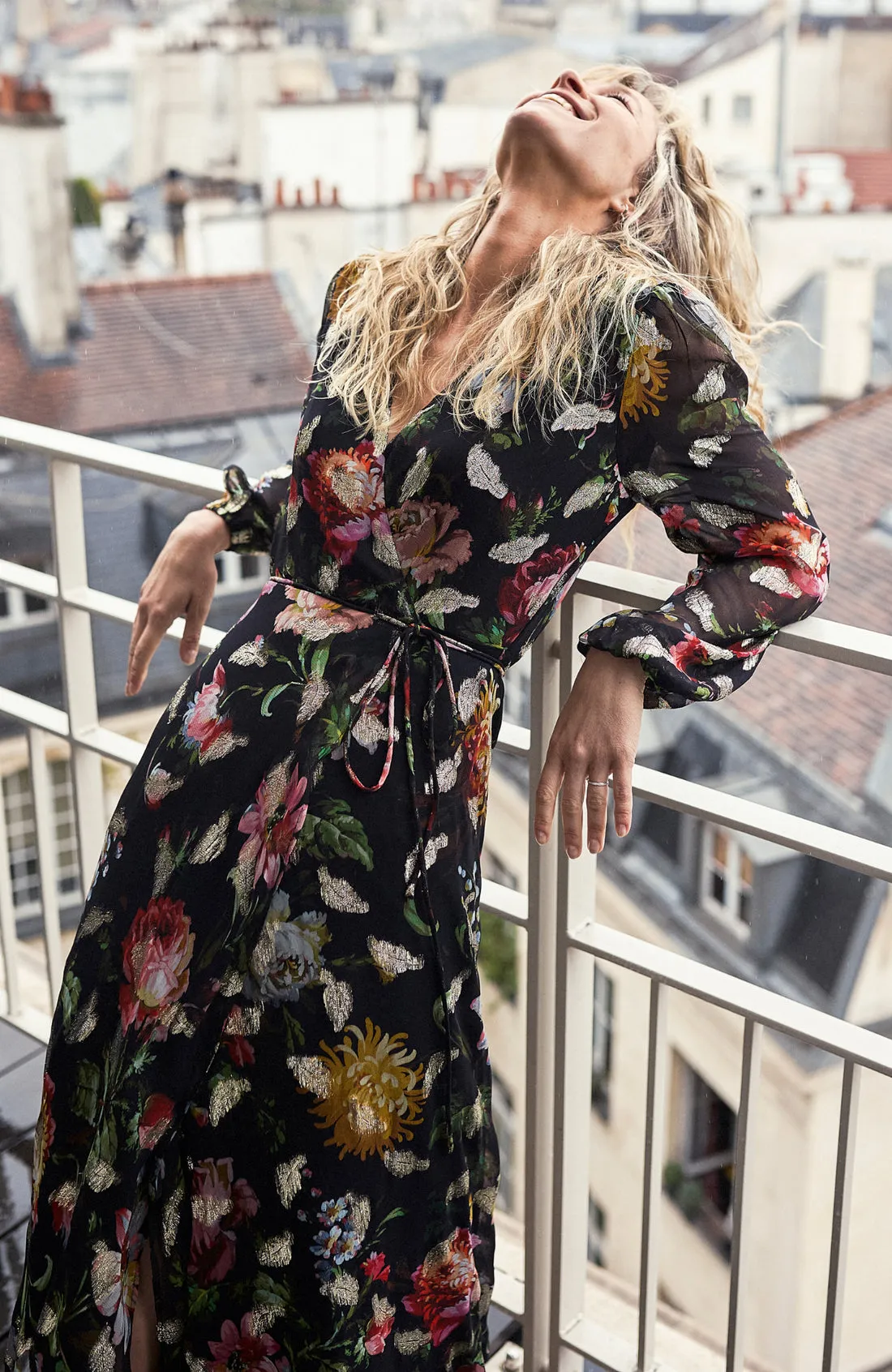 The Bunty Maxi Wrap Dress (Floral-Print/Black)