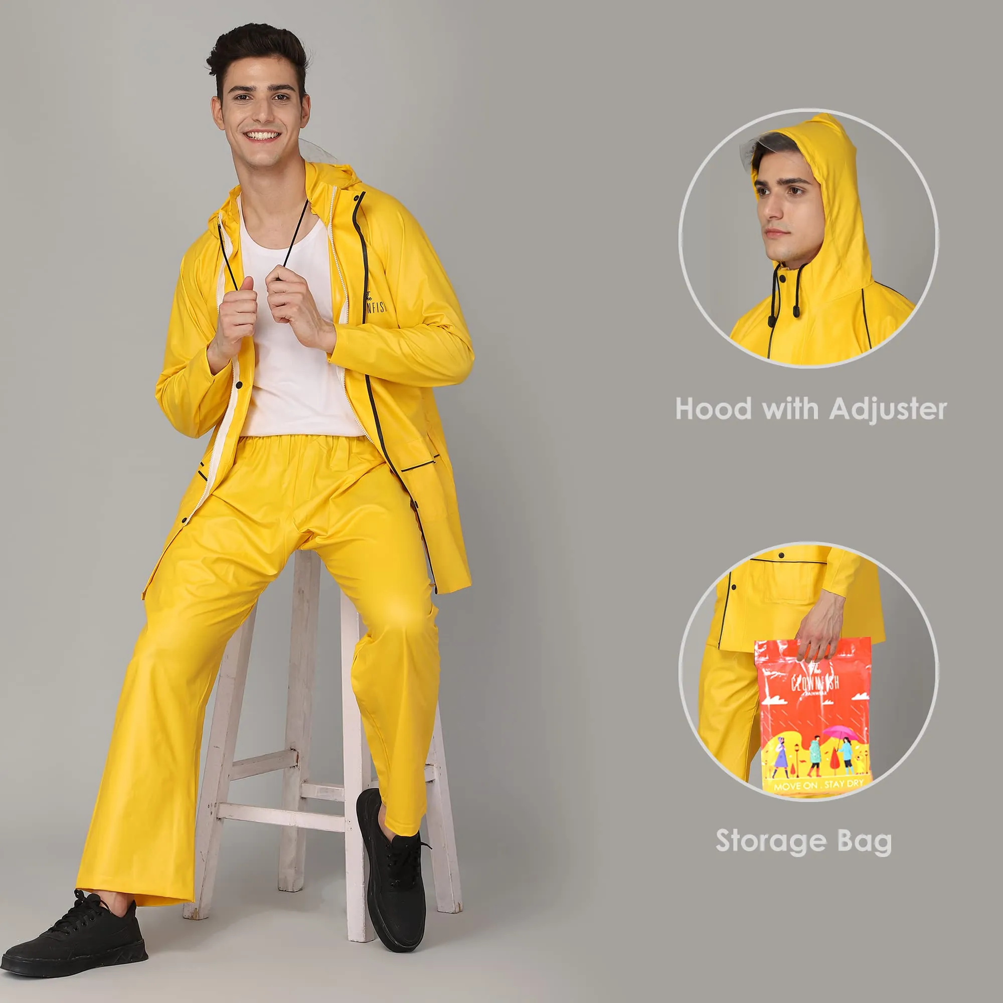 THE CLOWNFISH by STRAUSS Roberto Series PVC Rain Coat for Men Waterproof for Bike with Hood Raincoat for Men. Set of Top and Bottom Packed in a matching Storage Bag (Yellow with black piping, X-Large)