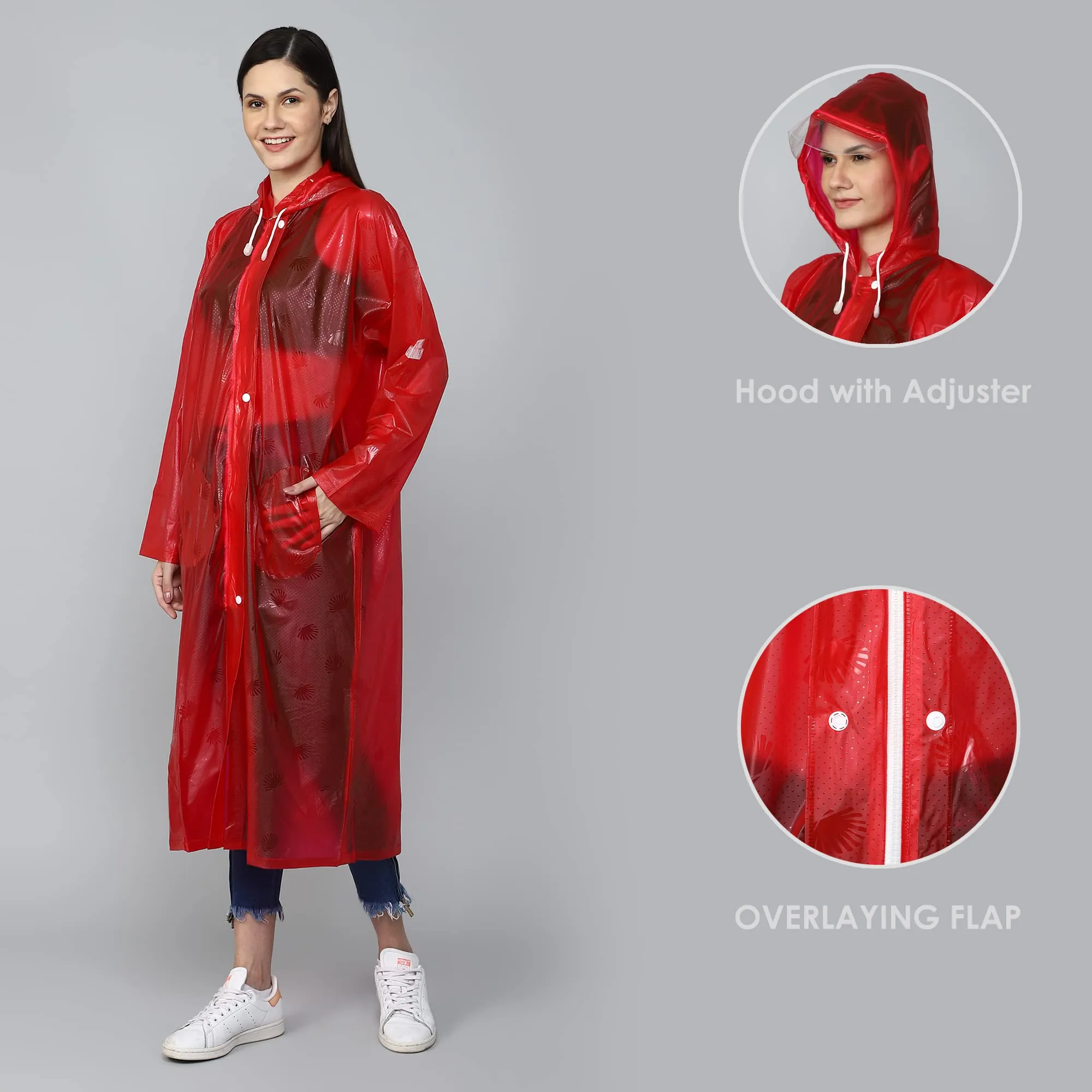 THE CLOWNFISH Cindrella Series Womens Waterproof PVC Self Design Longcoat/Raincoat with Adjustable Hood (Blue, XX-Large)