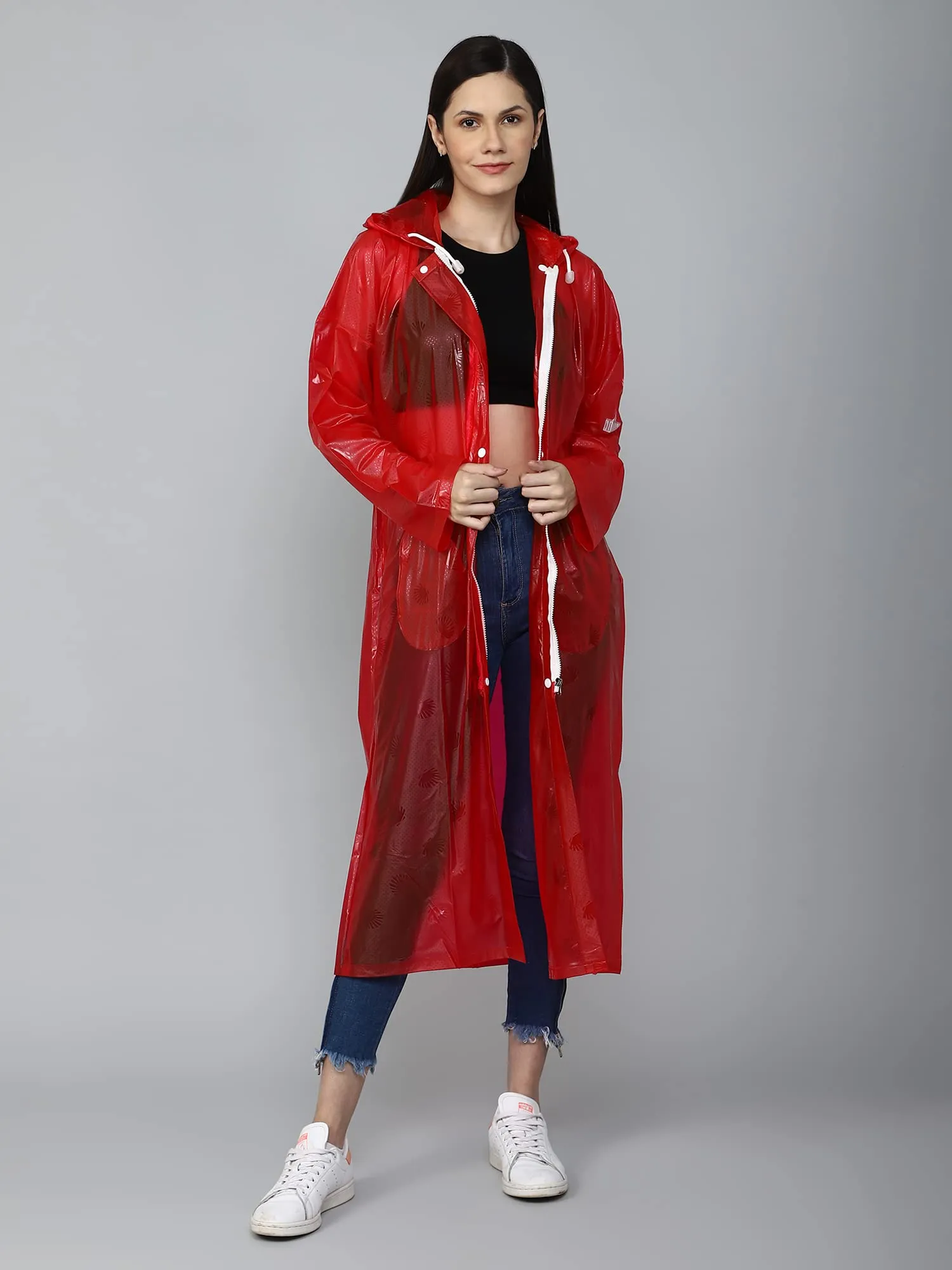 THE CLOWNFISH Cindrella Series Womens Waterproof PVC Self Design Longcoat/Raincoat with Adjustable Hood (Blue, XX-Large)