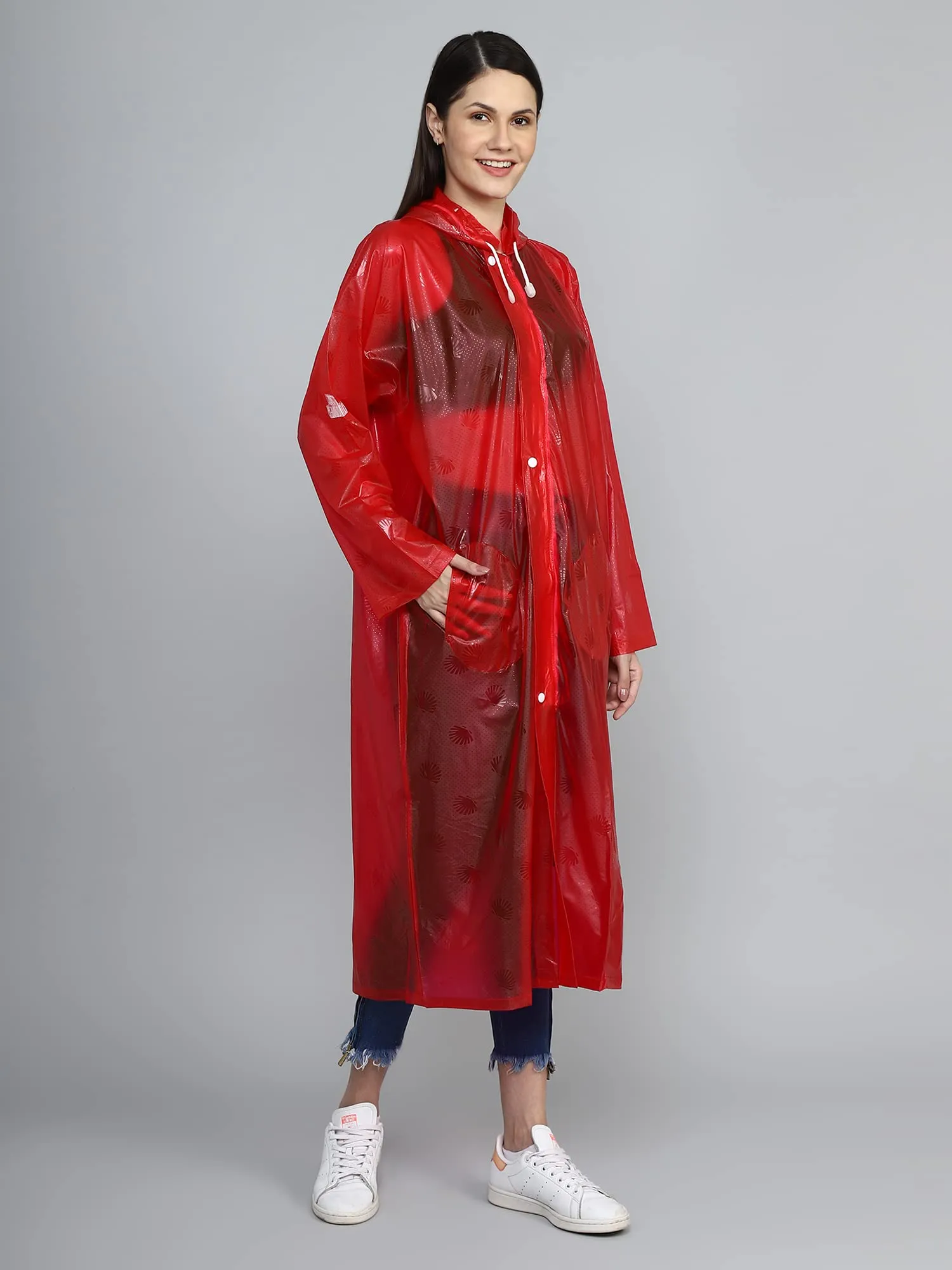 THE CLOWNFISH Cindrella Series Womens Waterproof PVC Self Design Longcoat/Raincoat with Adjustable Hood (Blue, XX-Large)