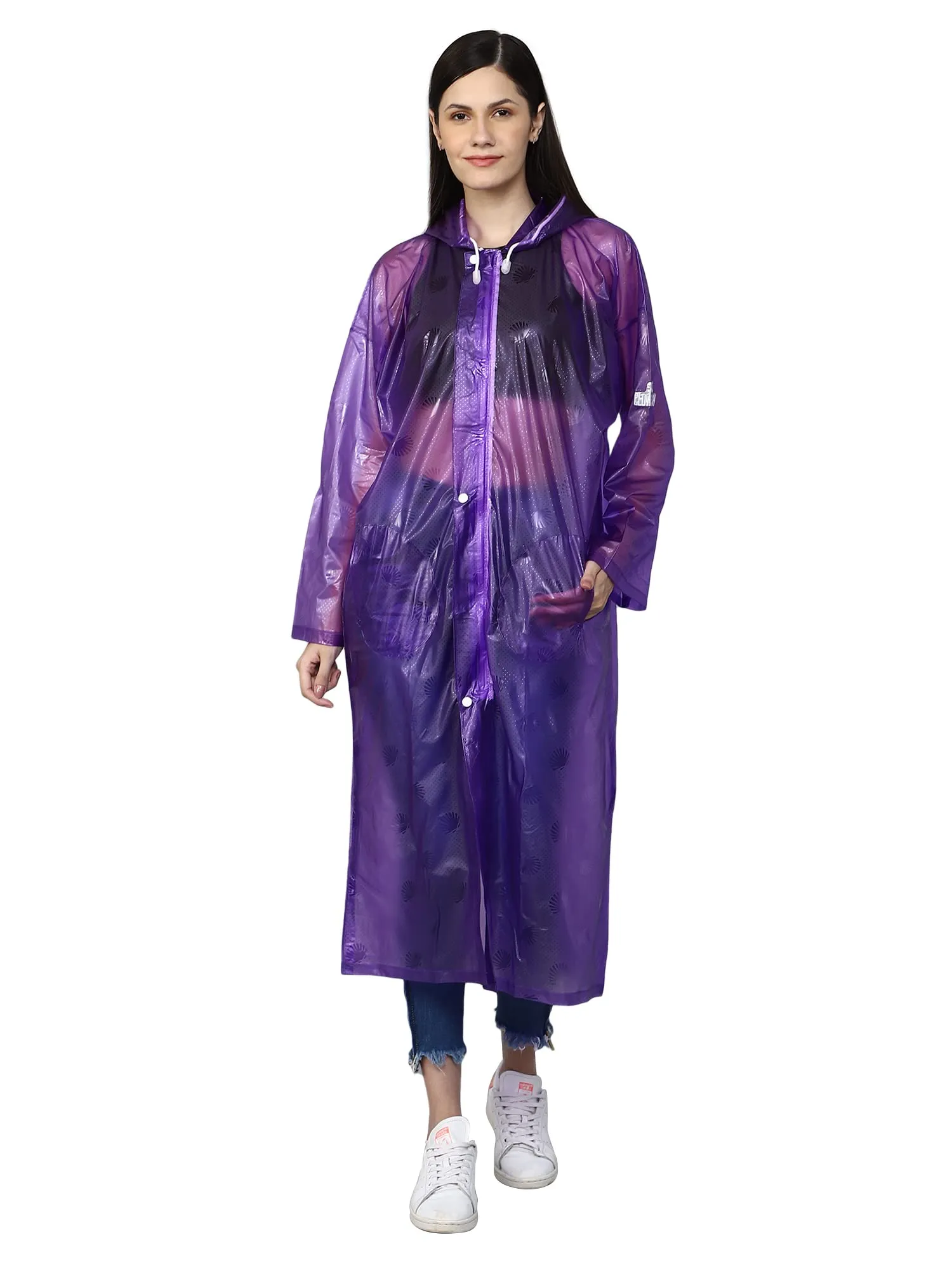 THE CLOWNFISH Cindrella Series Womens Waterproof PVC Self Design Longcoat/Raincoat with Adjustable Hood (Purple, XX-Large)