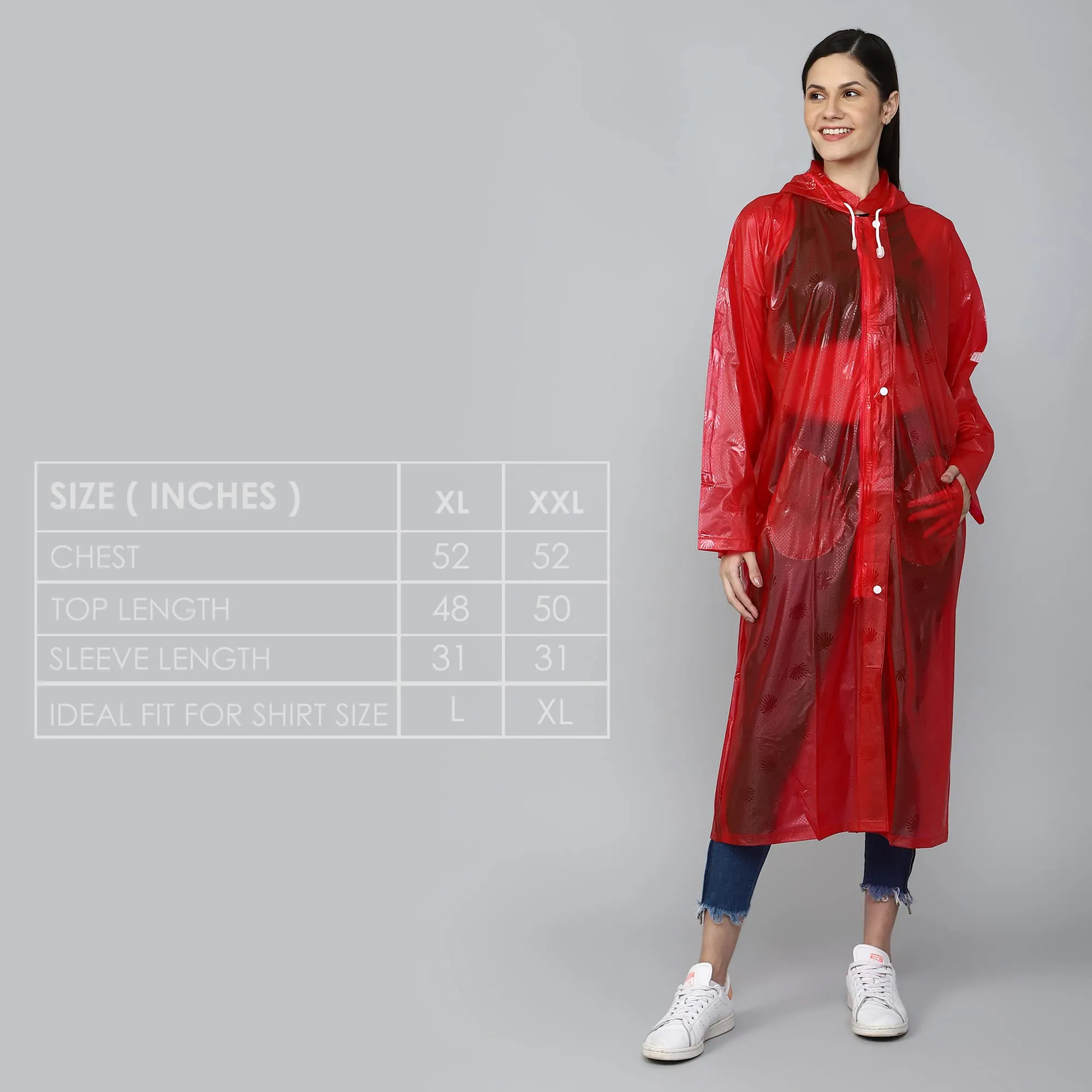 THE CLOWNFISH Cindrella Series Womens Waterproof PVC Self Design Longcoat/Raincoat with Adjustable Hood (Red, XX-Large)