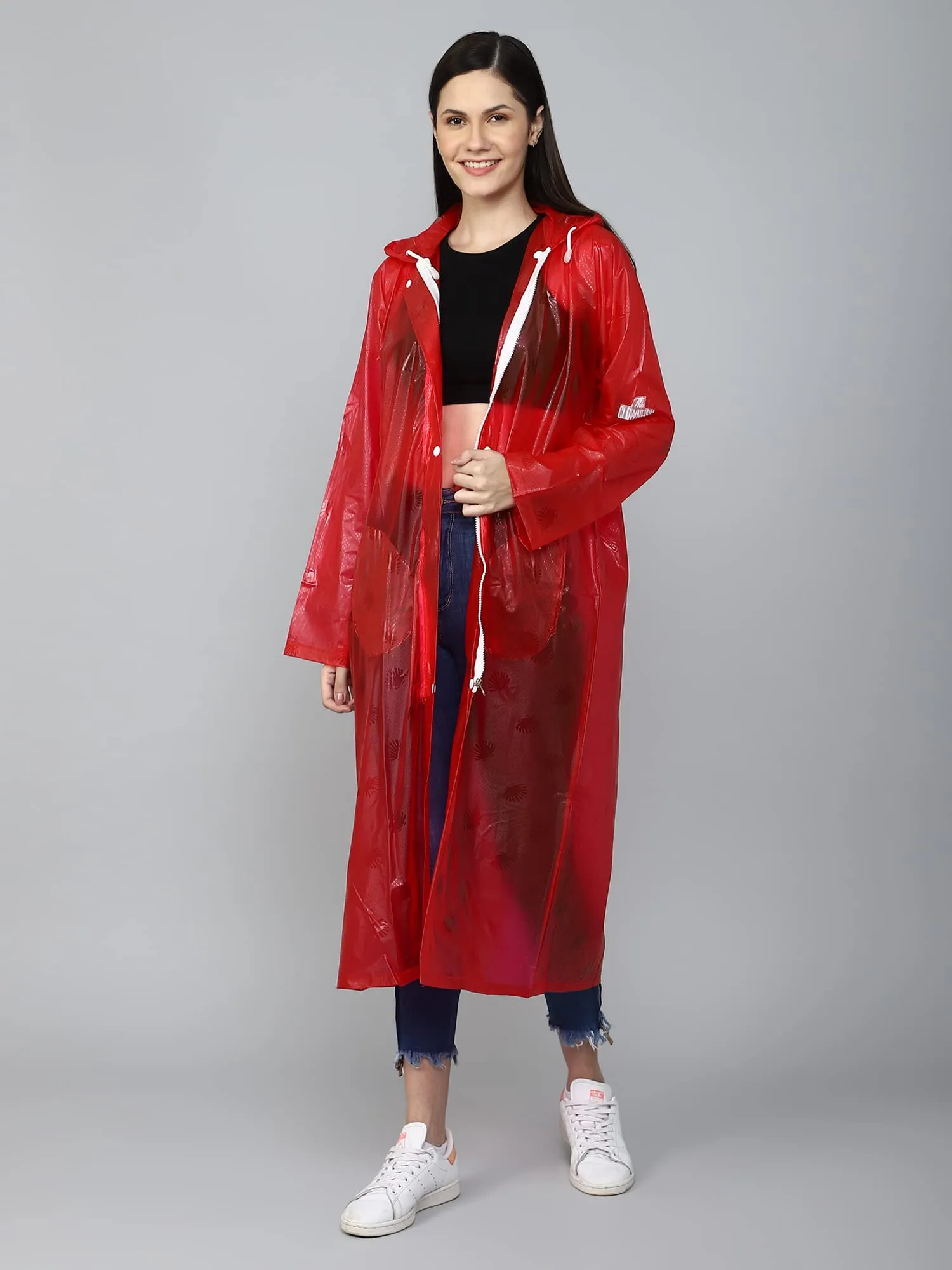 THE CLOWNFISH Cindrella Series Womens Waterproof PVC Self Design Longcoat/Raincoat with Adjustable Hood (Red, XX-Large)