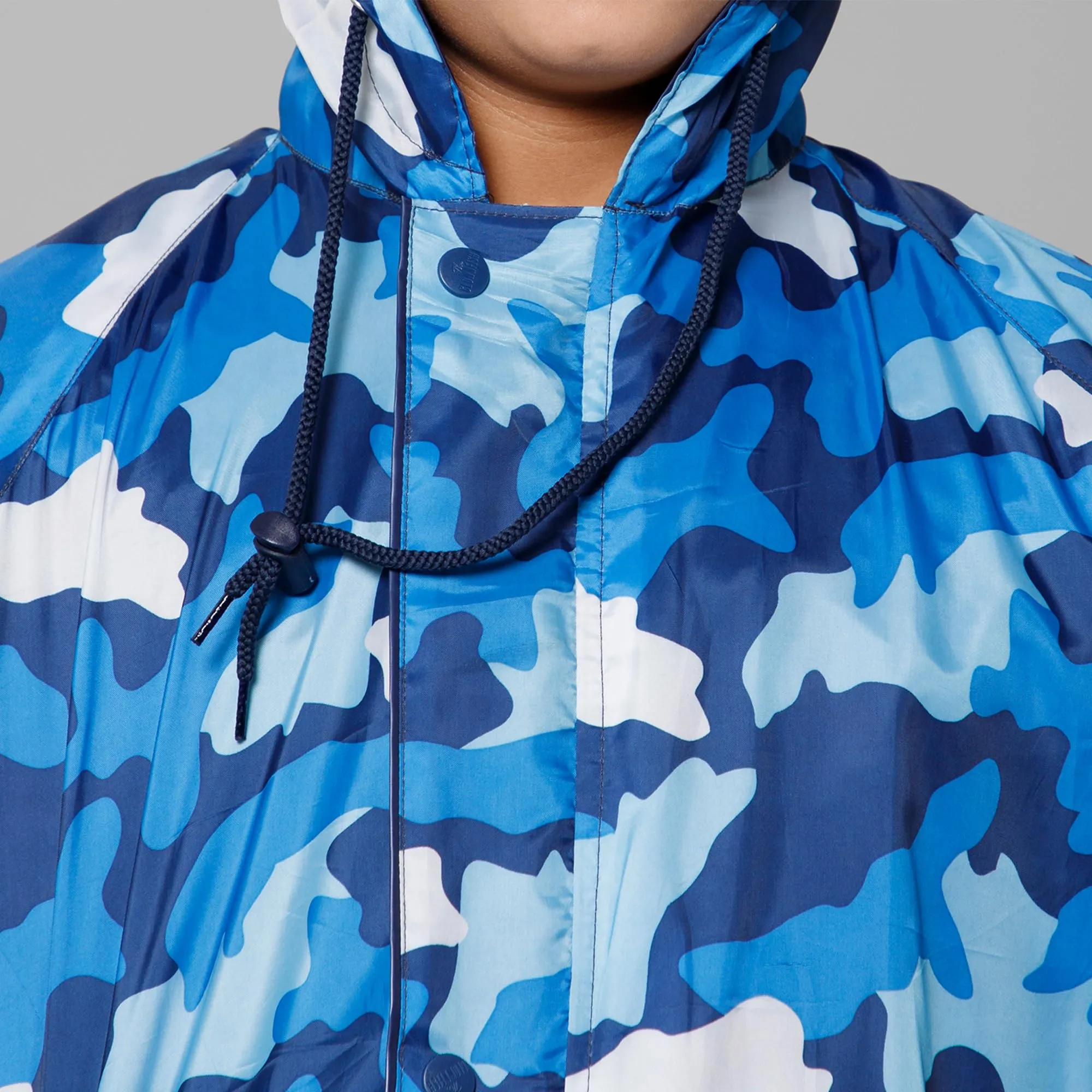 THE CLOWNFISH Comrad Series Kids Waterproof Nylon Double Coating Reversible Raincoat with Hood and Reflector Logo at Back. Set of Top and Bottom. Printed Plastic Pouch. Kid Age-14-16 years(Blue Camo)