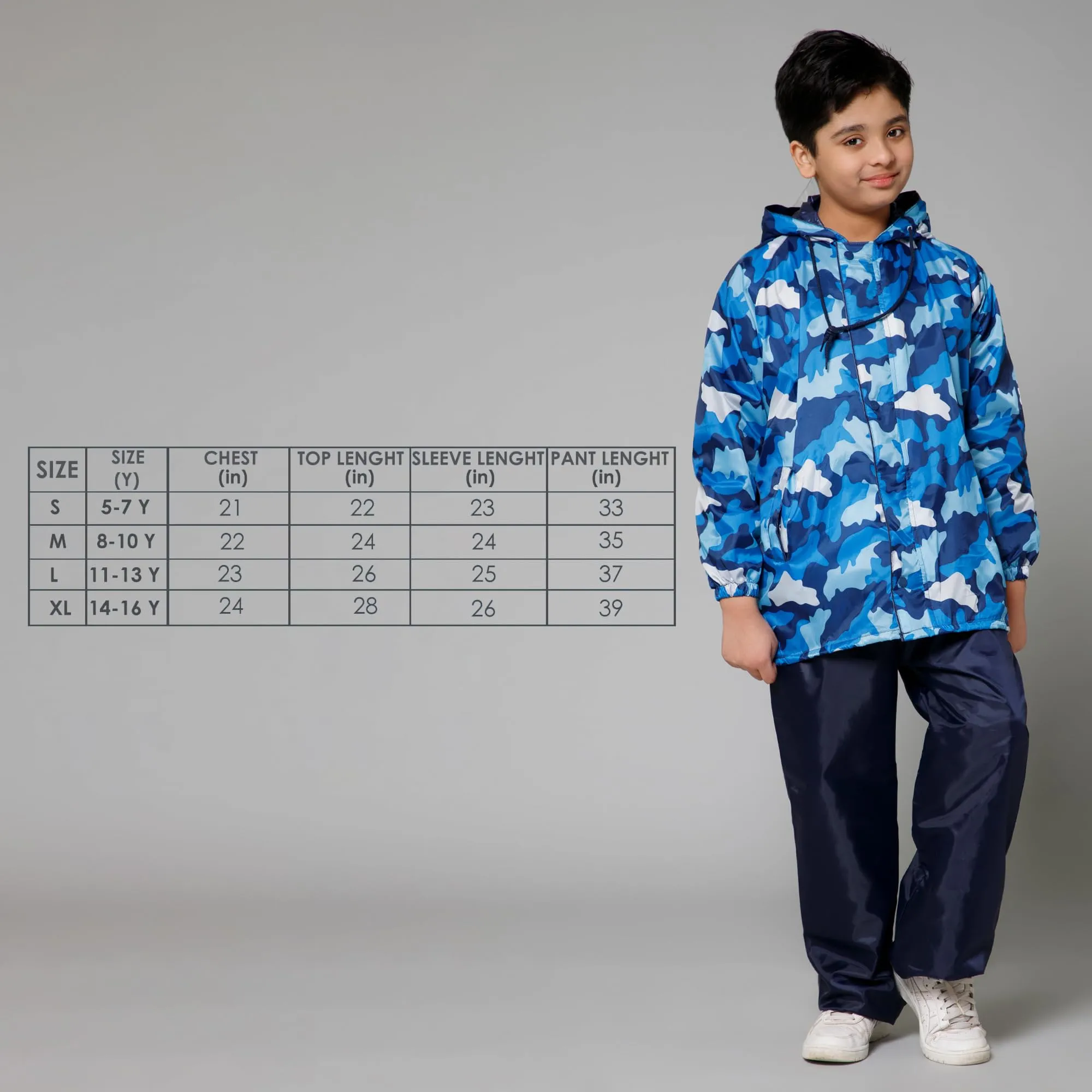 THE CLOWNFISH Comrad Series Kids Waterproof Nylon Double Coating Reversible Raincoat with Hood and Reflector Logo at Back. Set of Top and Bottom. Printed Plastic Pouch. Kid Age-14-16 years(Blue Camo)