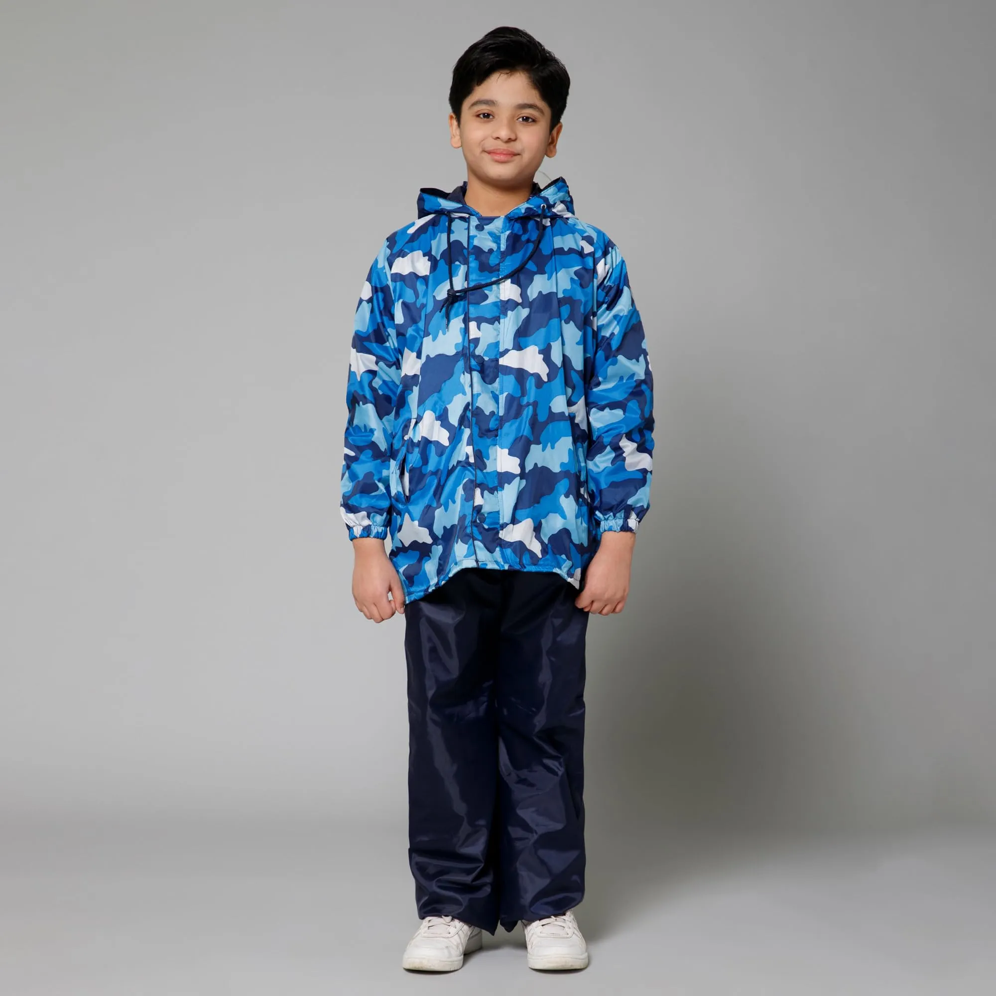 THE CLOWNFISH Comrad Series Kids Waterproof Nylon Double Coating Reversible Raincoat with Hood and Reflector Logo at Back. Set of Top and Bottom. Printed Plastic Pouch. Kid Age-14-16 years(Blue Camo)