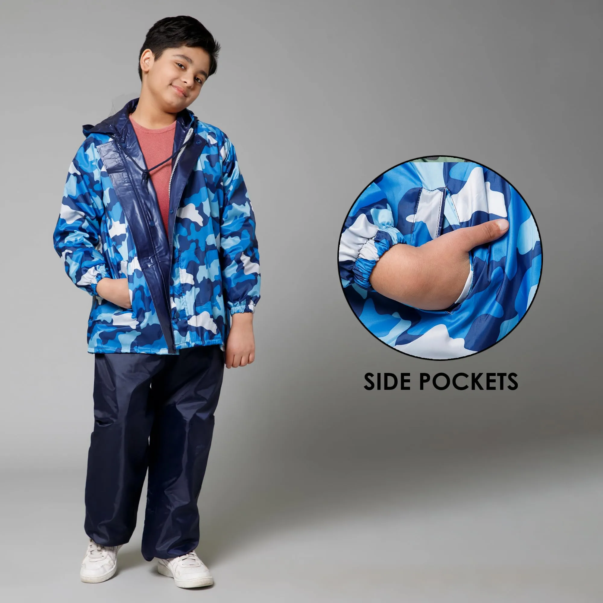 THE CLOWNFISH Comrad Series Kids Waterproof Nylon Double Coating Reversible Raincoat with Hood and Reflector Logo at Back. Set of Top and Bottom. Printed Plastic Pouch. Kid Age-14-16 years(Blue Camo)