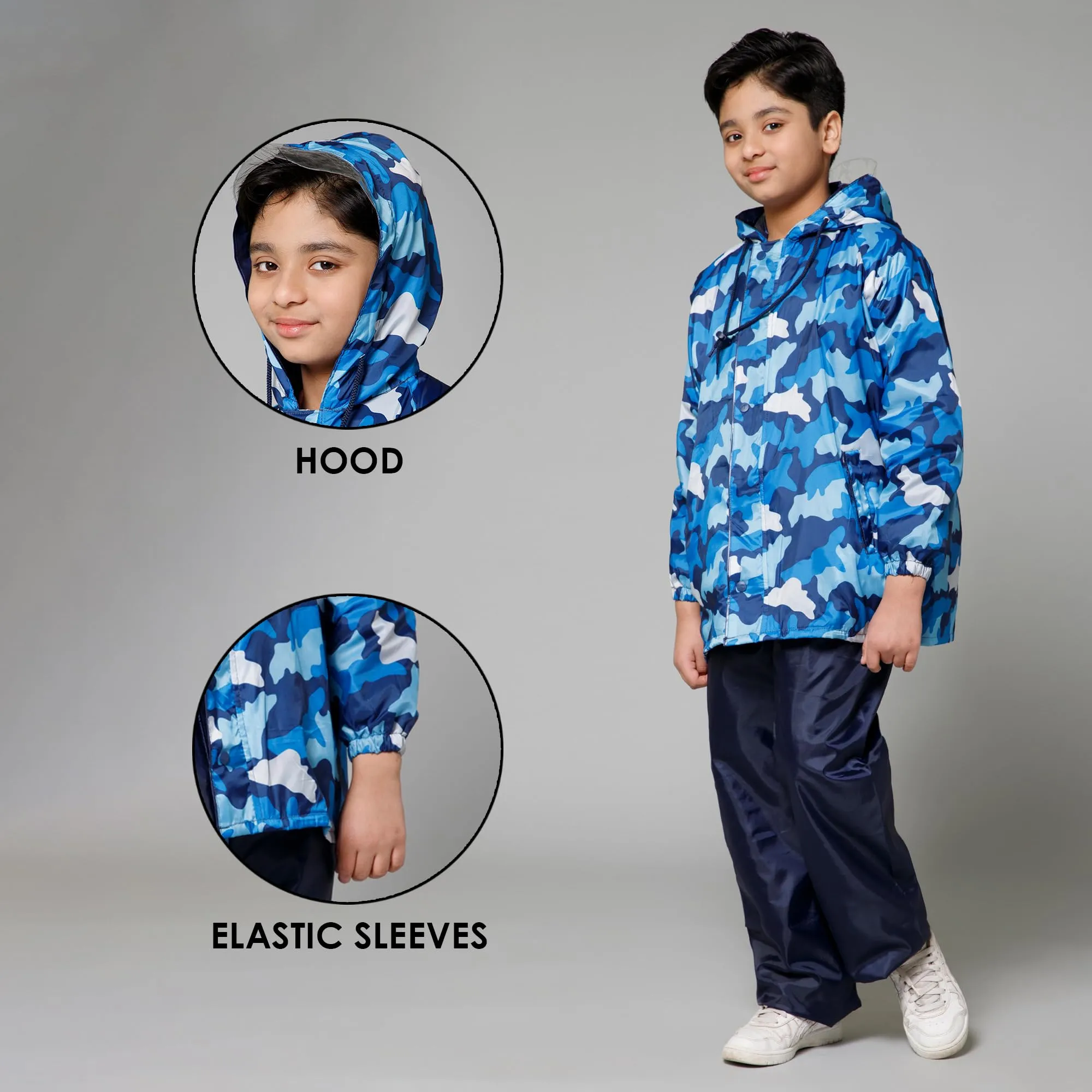 THE CLOWNFISH Comrad Series Kids Waterproof Nylon Double Coating Reversible Raincoat with Hood and Reflector Logo at Back. Set of Top and Bottom. Printed Plastic Pouch. Kid Age-14-16 years(Blue Camo)