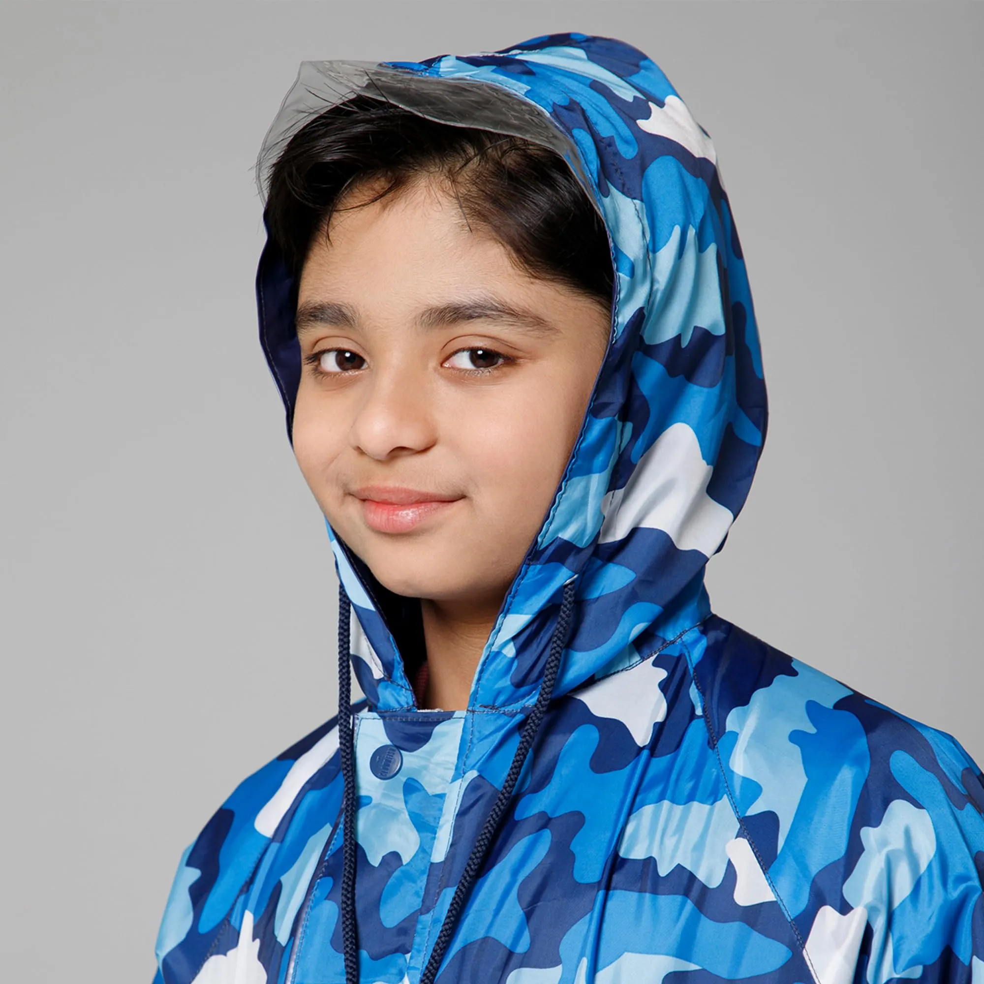 THE CLOWNFISH Comrad Series Kids Waterproof Nylon Double Coating Reversible Raincoat with Hood and Reflector Logo at Back. Set of Top and Bottom. Printed Plastic Pouch. Kid Age-14-16 years(Blue Camo)