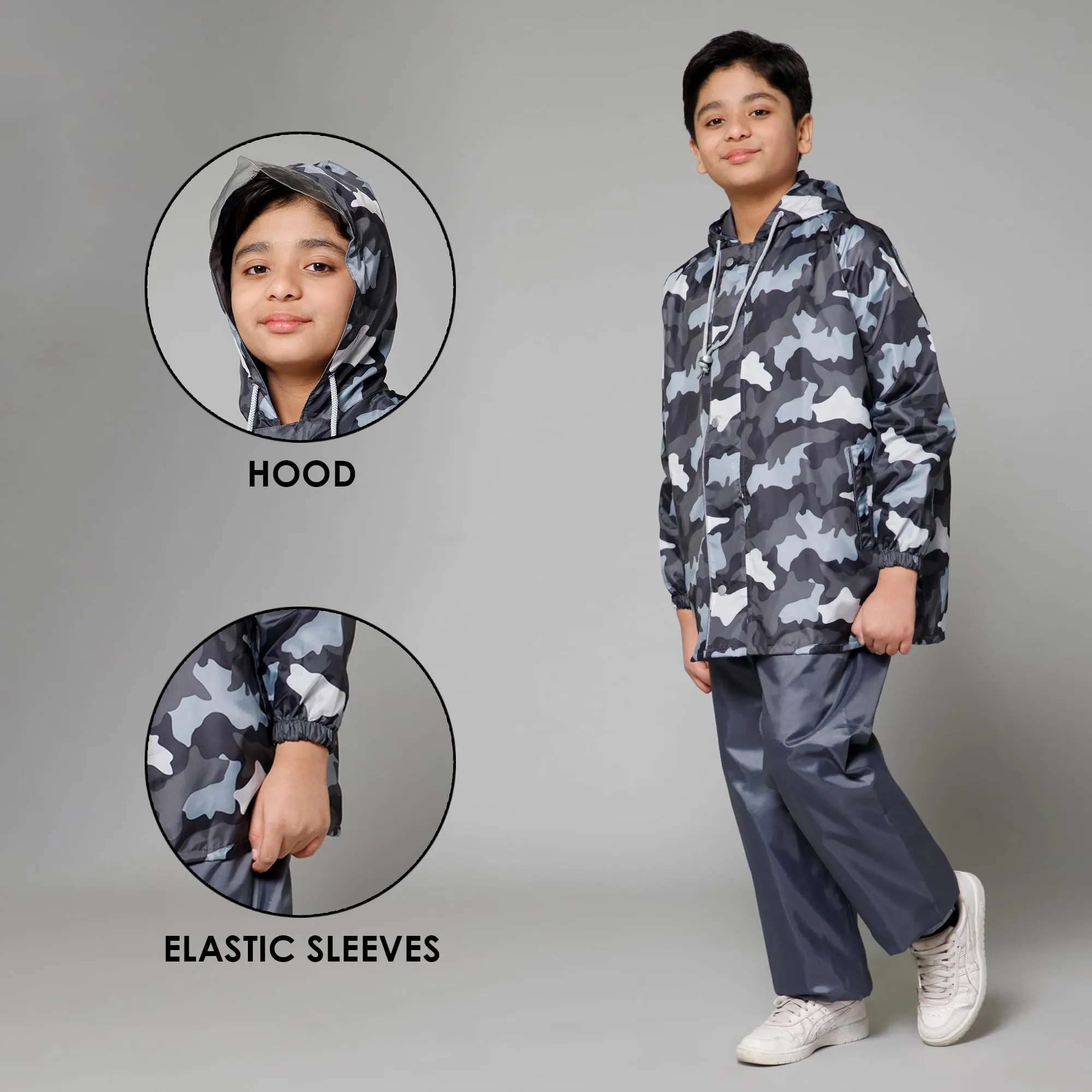 THE CLOWNFISH Comrad Series Kids Waterproof Nylon Double Coating Reversible Raincoat with Hood and Reflector Logo at Back. Set of Top and Bottom. Printed Plastic Pouch. Kid Age-5-7 years(Grey Camo)