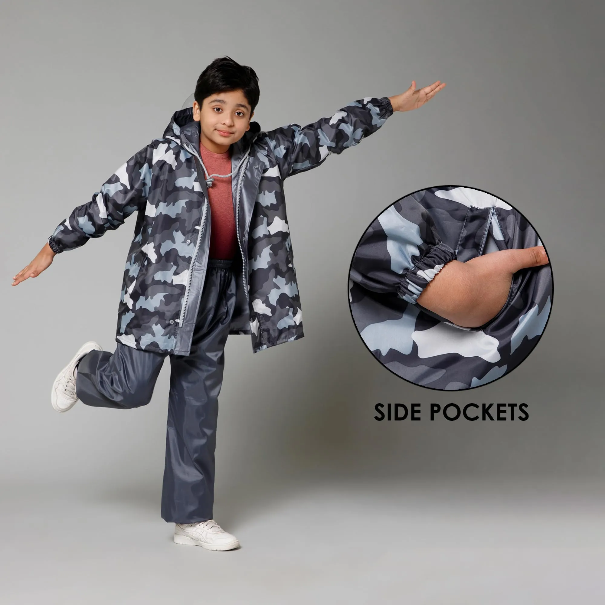 THE CLOWNFISH Comrad Series Kids Waterproof Nylon Double Coating Reversible Raincoat with Hood and Reflector Logo at Back. Set of Top and Bottom. Printed Plastic Pouch. Kid Age-5-7 years(Grey Camo)