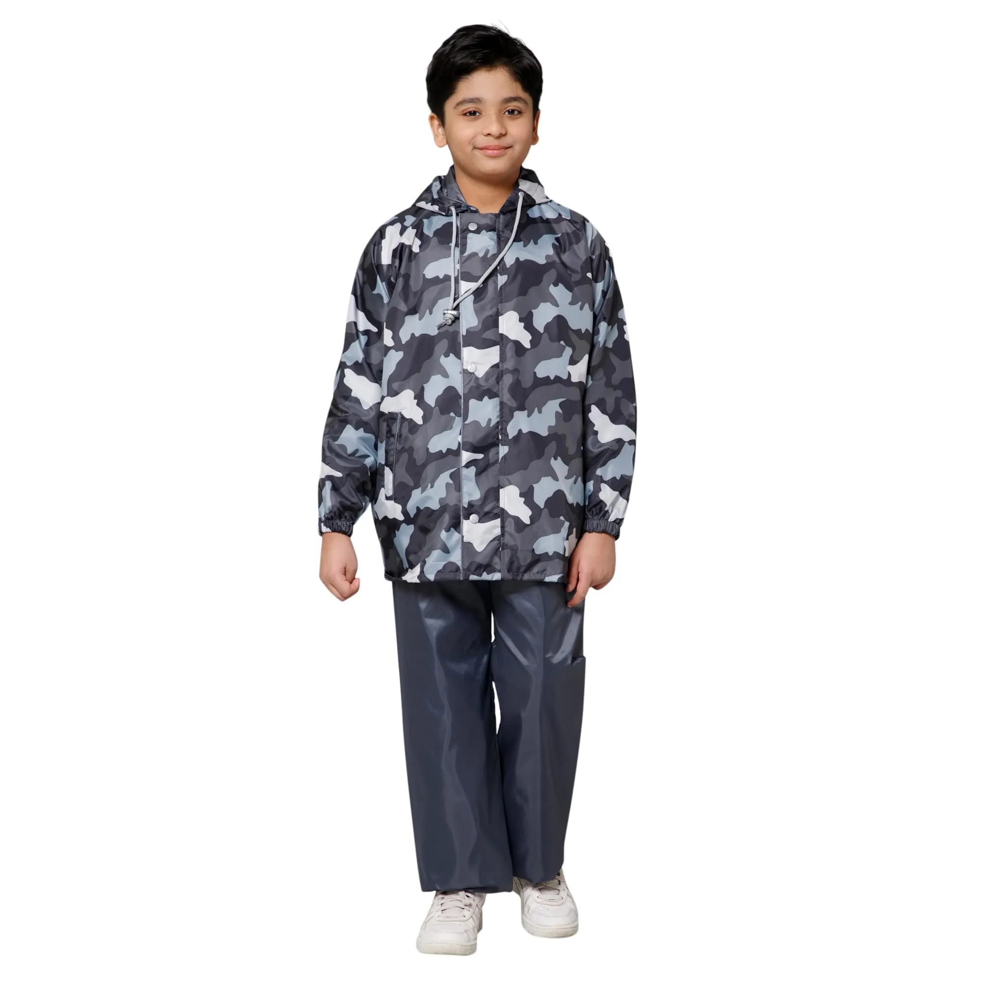 THE CLOWNFISH Comrad Series Kids Waterproof Nylon Double Coating Reversible Raincoat with Hood and Reflector Logo at Back. Set of Top and Bottom. Printed Plastic Pouch. Kid Age-5-7 years(Grey Camo)