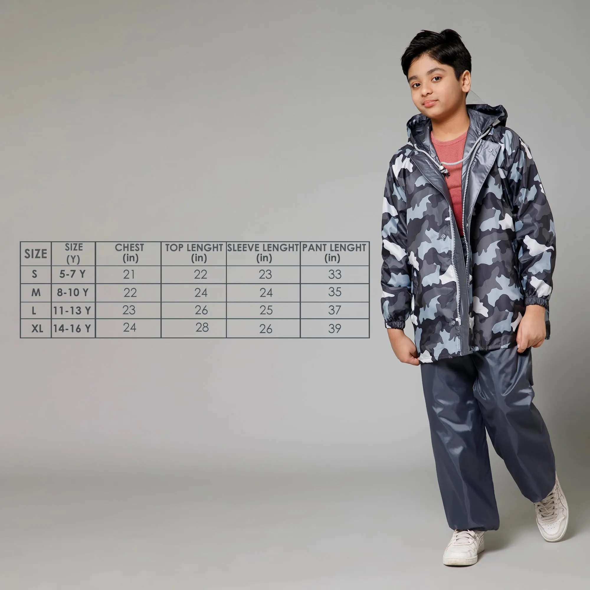 THE CLOWNFISH Comrad Series Kids Waterproof Nylon Double Coating Reversible Raincoat with Hood and Reflector Logo at Back. Set of Top and Bottom. Printed Plastic Pouch. Kid Age-5-7 years(Grey Camo)