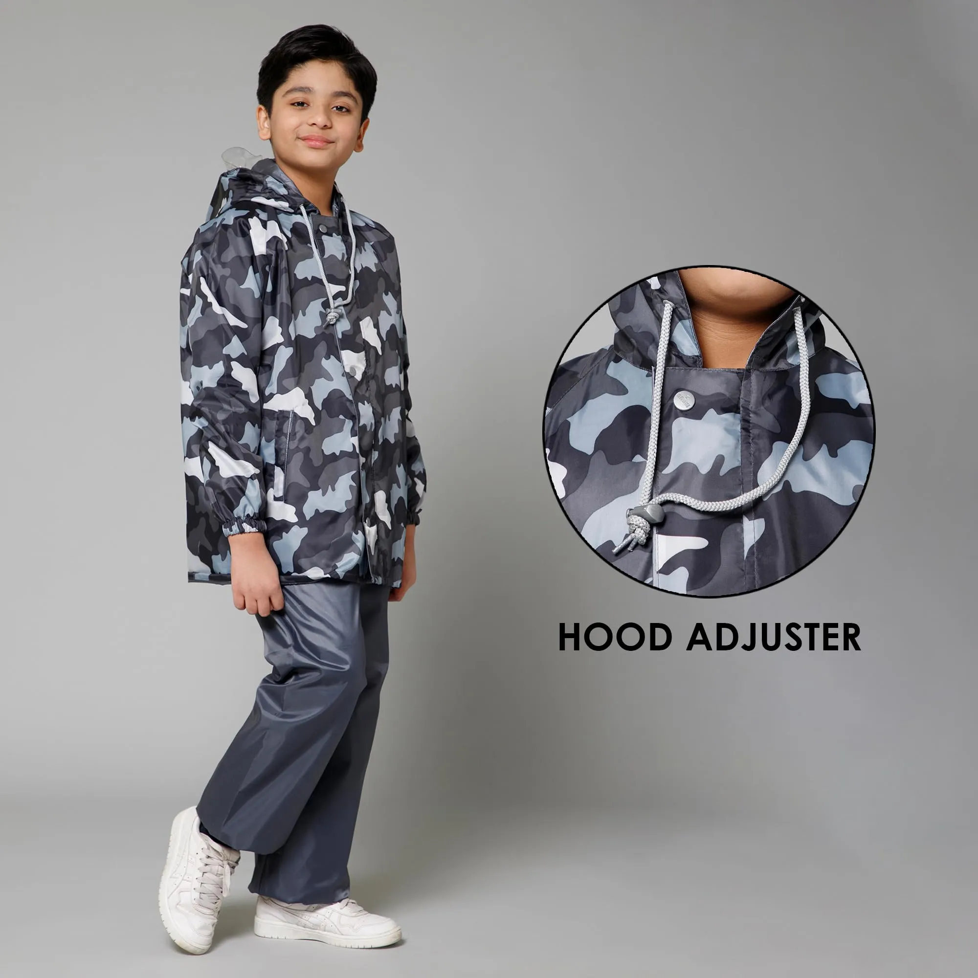 THE CLOWNFISH Comrad Series Kids Waterproof Nylon Double Coating Reversible Raincoat with Hood and Reflector Logo at Back. Set of Top and Bottom. Printed Plastic Pouch. Kid Age-5-7 years(Grey Camo)