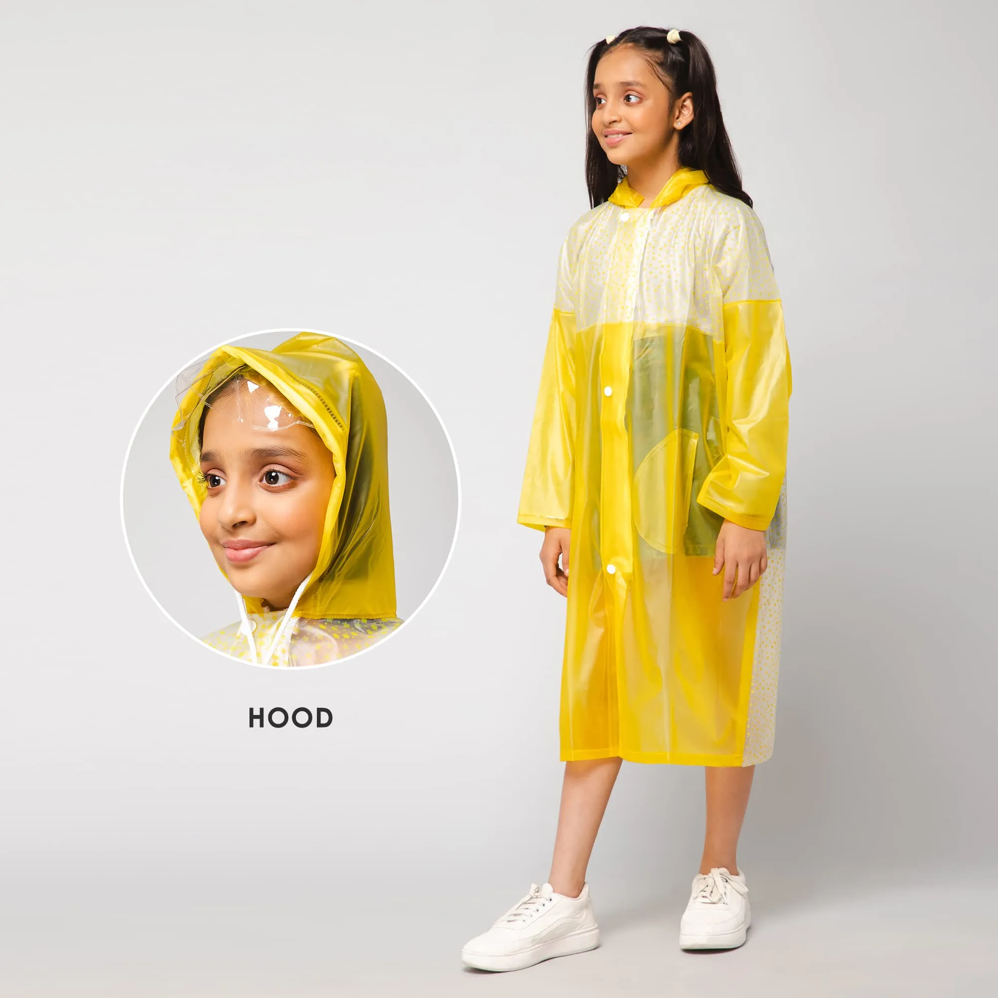 THE CLOWNFISH Drip Dude Series Unisex Kids Waterproof Single Layer PVC Longcoat/Raincoat with Adjustable Hood. Age-4-5 Years (Lemon Yellow)