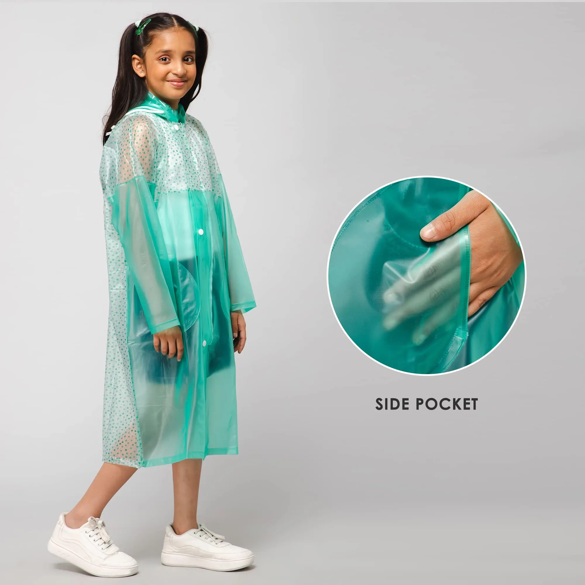 THE CLOWNFISH Drip Dude Series Unisex Kids Waterproof Single Layer PVC Longcoat/Raincoat with Adjustable Hood. Age-5-6 Years (Aqua Green)