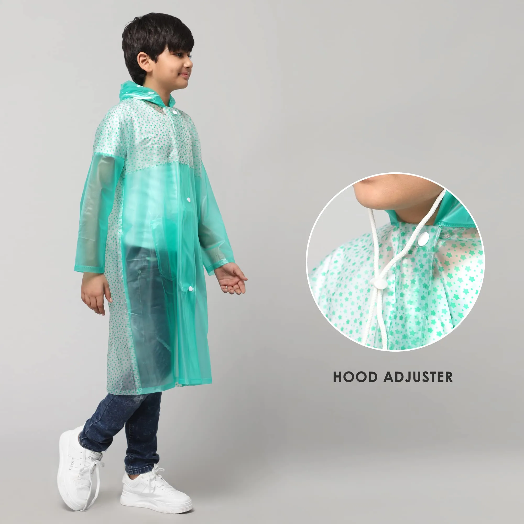 THE CLOWNFISH Drip Dude Series Unisex Kids Waterproof Single Layer PVC Longcoat/Raincoat with Adjustable Hood. Age-5-6 Years (Aqua Green)