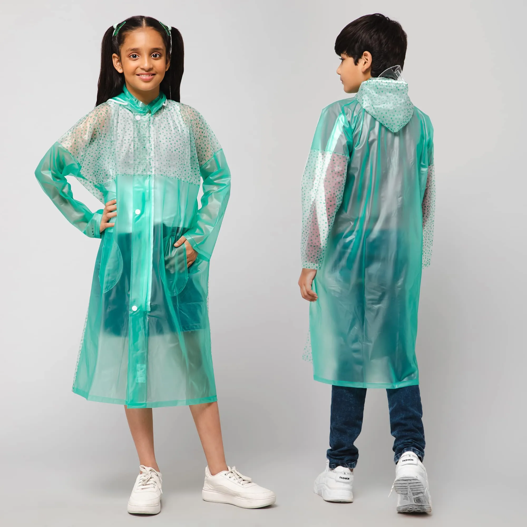 THE CLOWNFISH Drip Dude Series Unisex Kids Waterproof Single Layer PVC Longcoat/Raincoat with Adjustable Hood. Age-6-7 Years (Aqua Green)