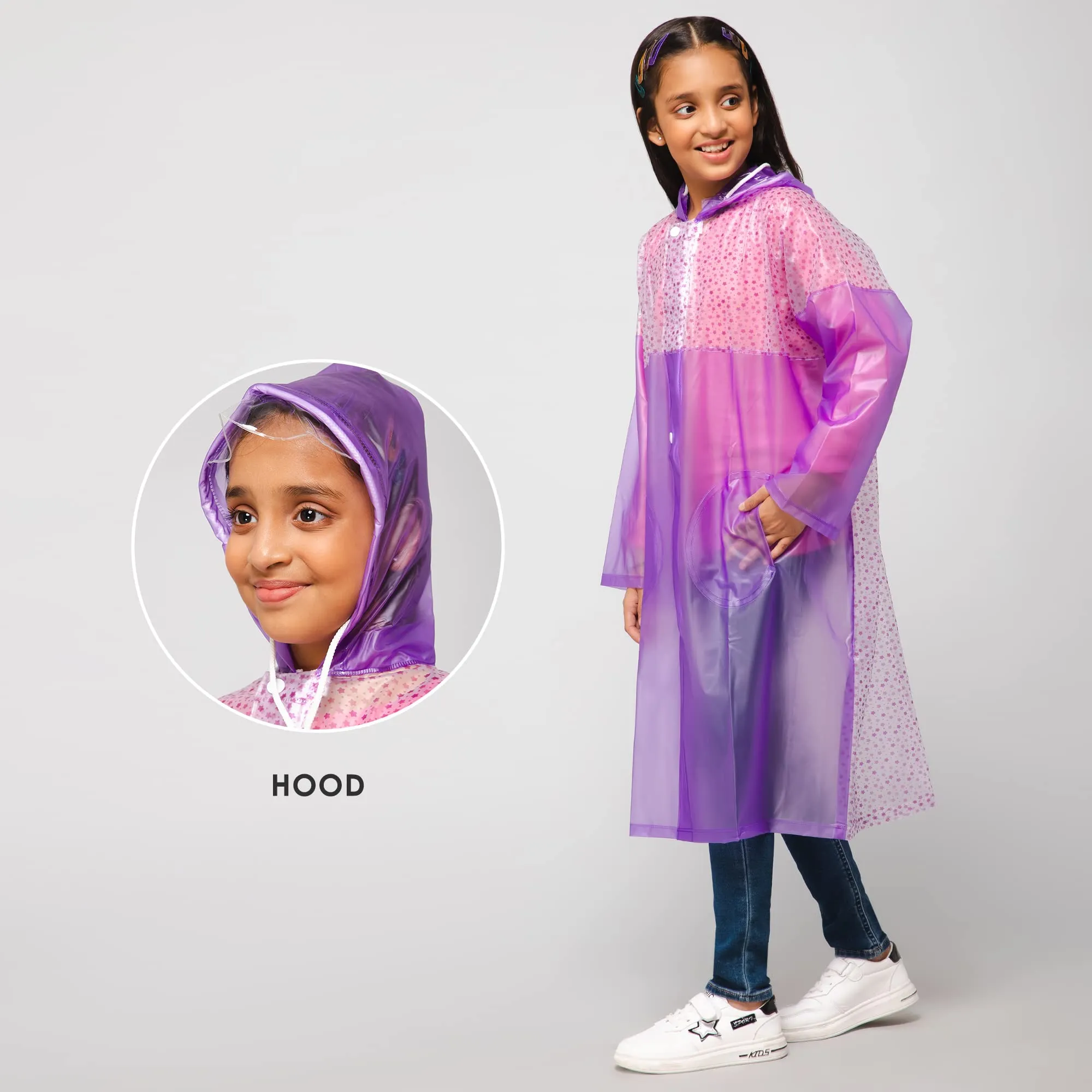 THE CLOWNFISH Drip Dude Series Unisex Kids Waterproof Single Layer PVC Longcoat/Raincoat with Adjustable Hood. Age-6-7 Years (Purple)