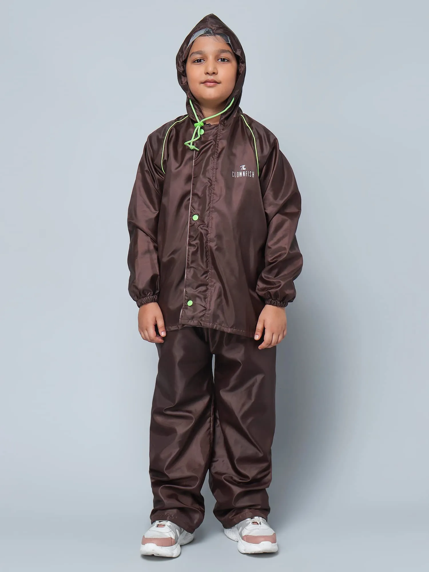 THE CLOWNFISH Duke Series Kid's Waterproof Polyester Double Coating Reversible Raincoat with Hood and Reflector Logo at Back. Set of Top and Bottom. Printed Plastic Pouch Age-8-10 years (Brown)