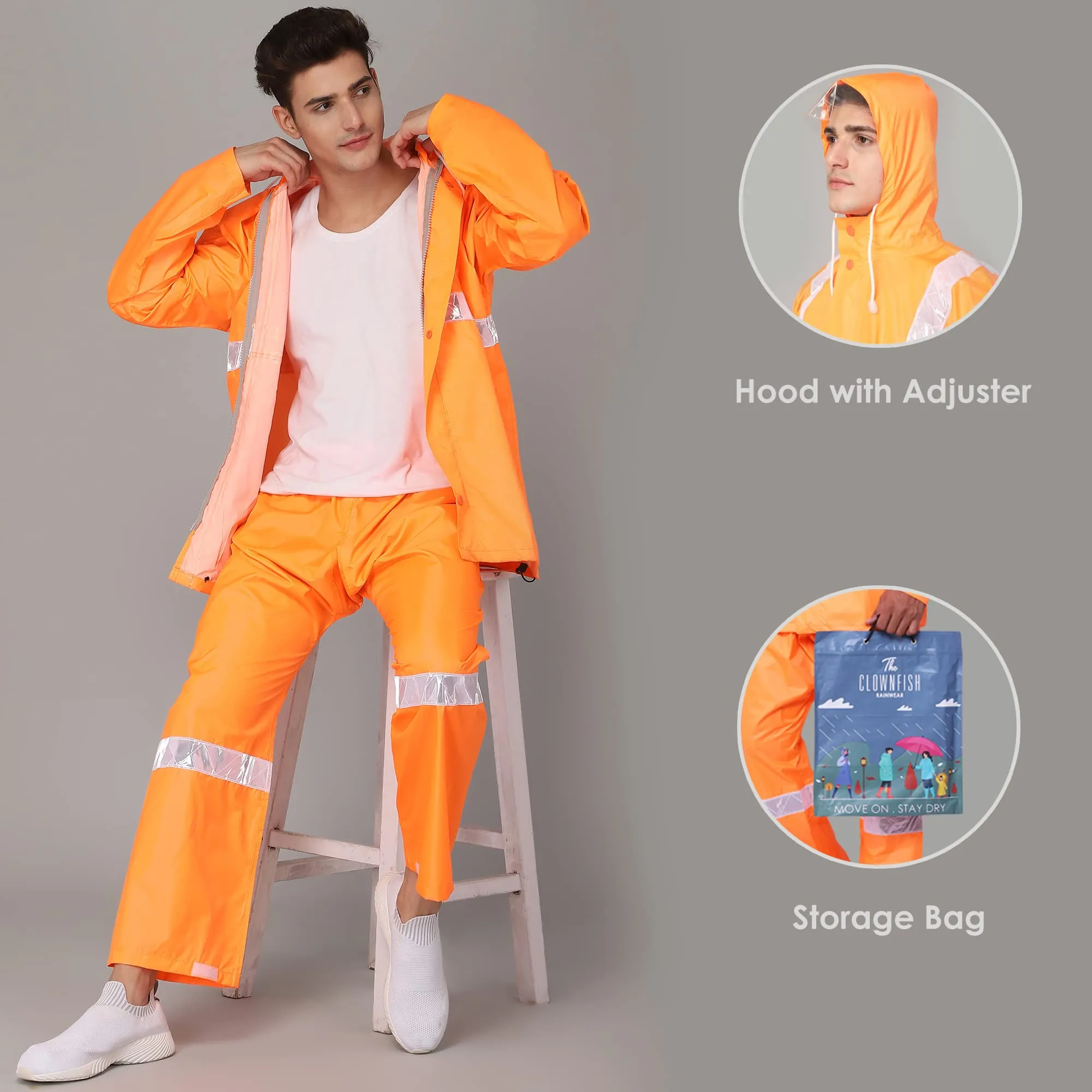 The Clownfish Gabriel Series Men's Waterproof Polyester Raincoat with Hood and Reflector Logo at Front & Back for Night Travelling. Set of Top and Bottom. Printed Plastic Pouch with Rope ( Orange, XX-Large)