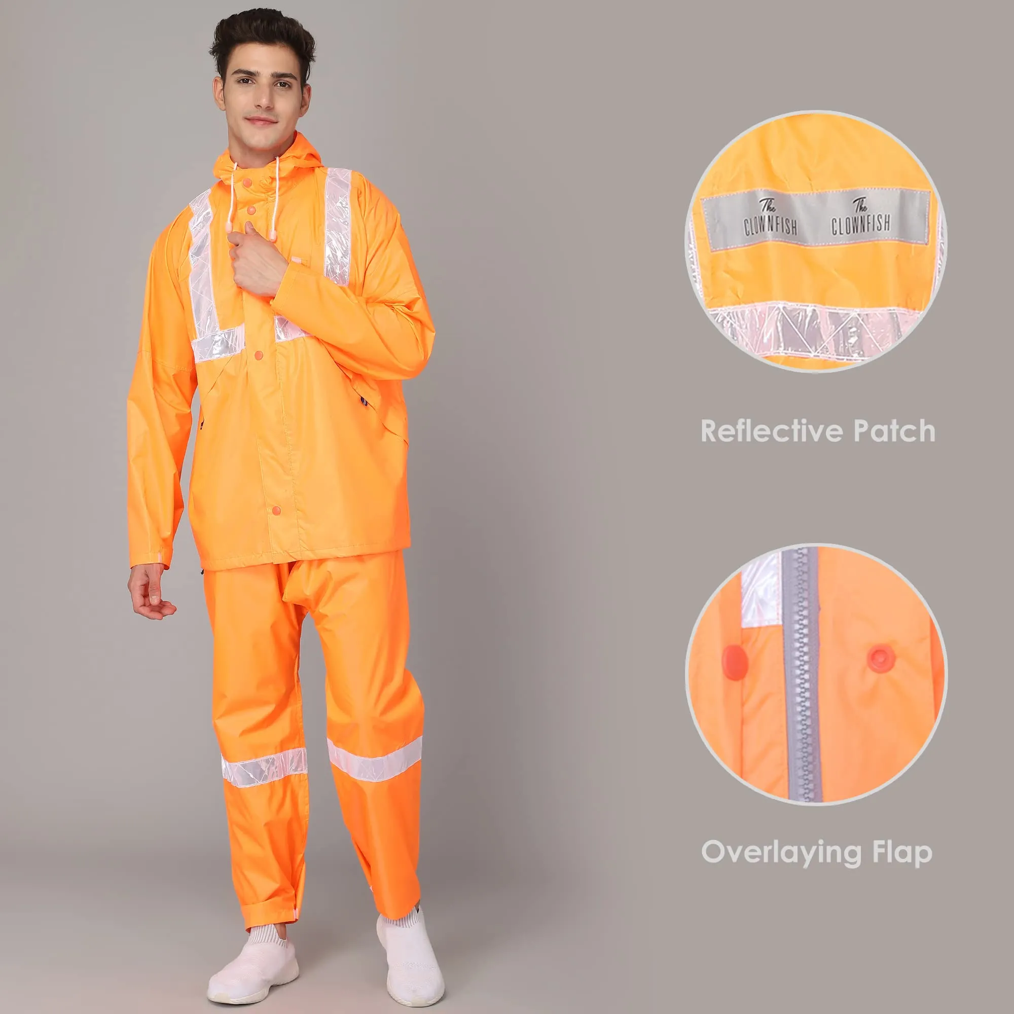 The Clownfish Gabriel Series Men's Waterproof Polyester Raincoat with Hood and Reflector Logo at Front & Back for Night Travelling. Set of Top and Bottom. Printed Plastic Pouch with Rope ( Orange, XX-Large)